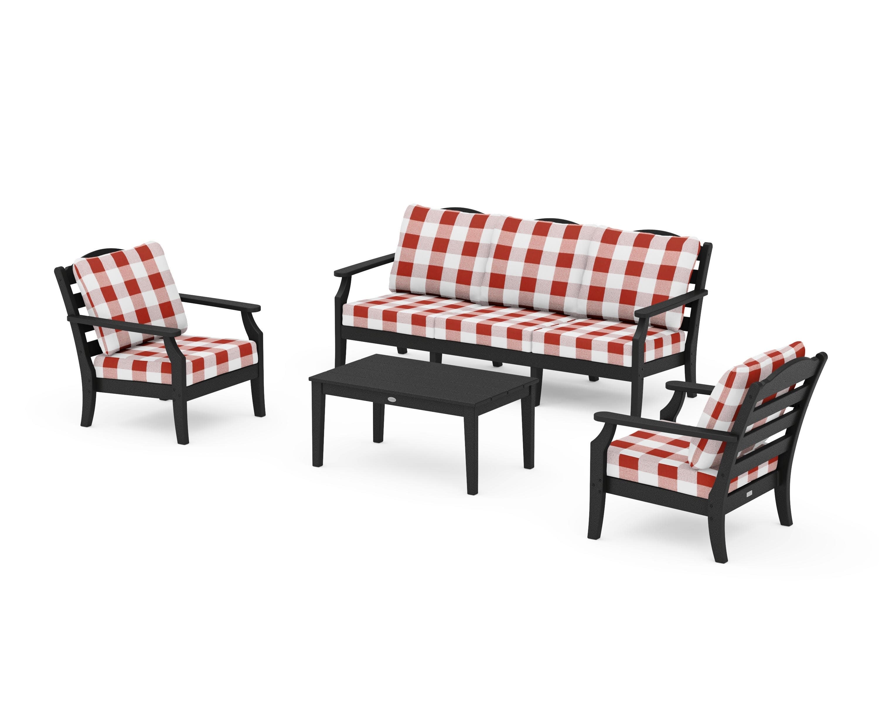 Savannah 4-Piece Deep Seating Set with Sofa in Black / Buffalo Plaid Crimson