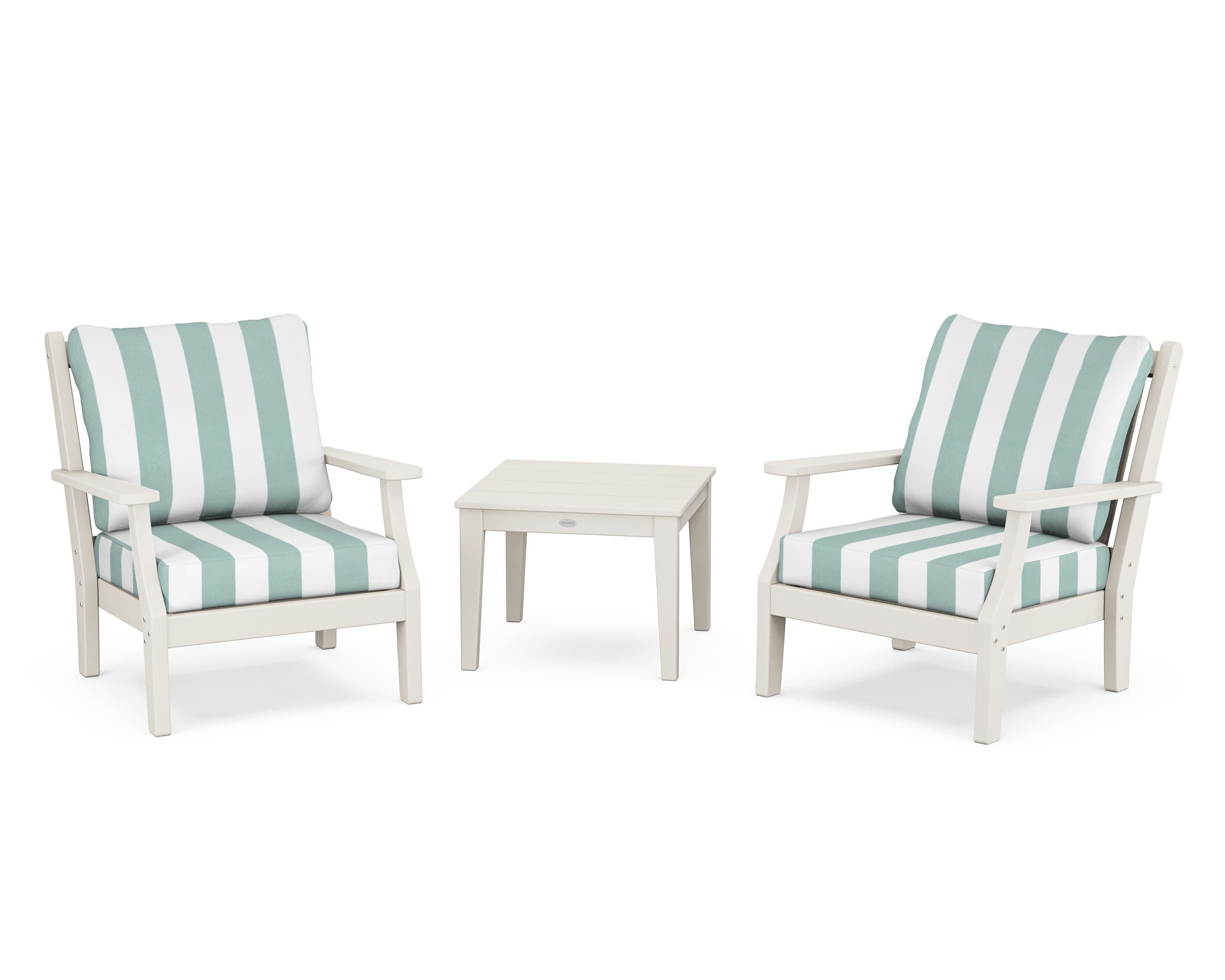 Wovendale 3-Piece Deep Seating Set in Sand / Cabana Stripe Glacier Spa