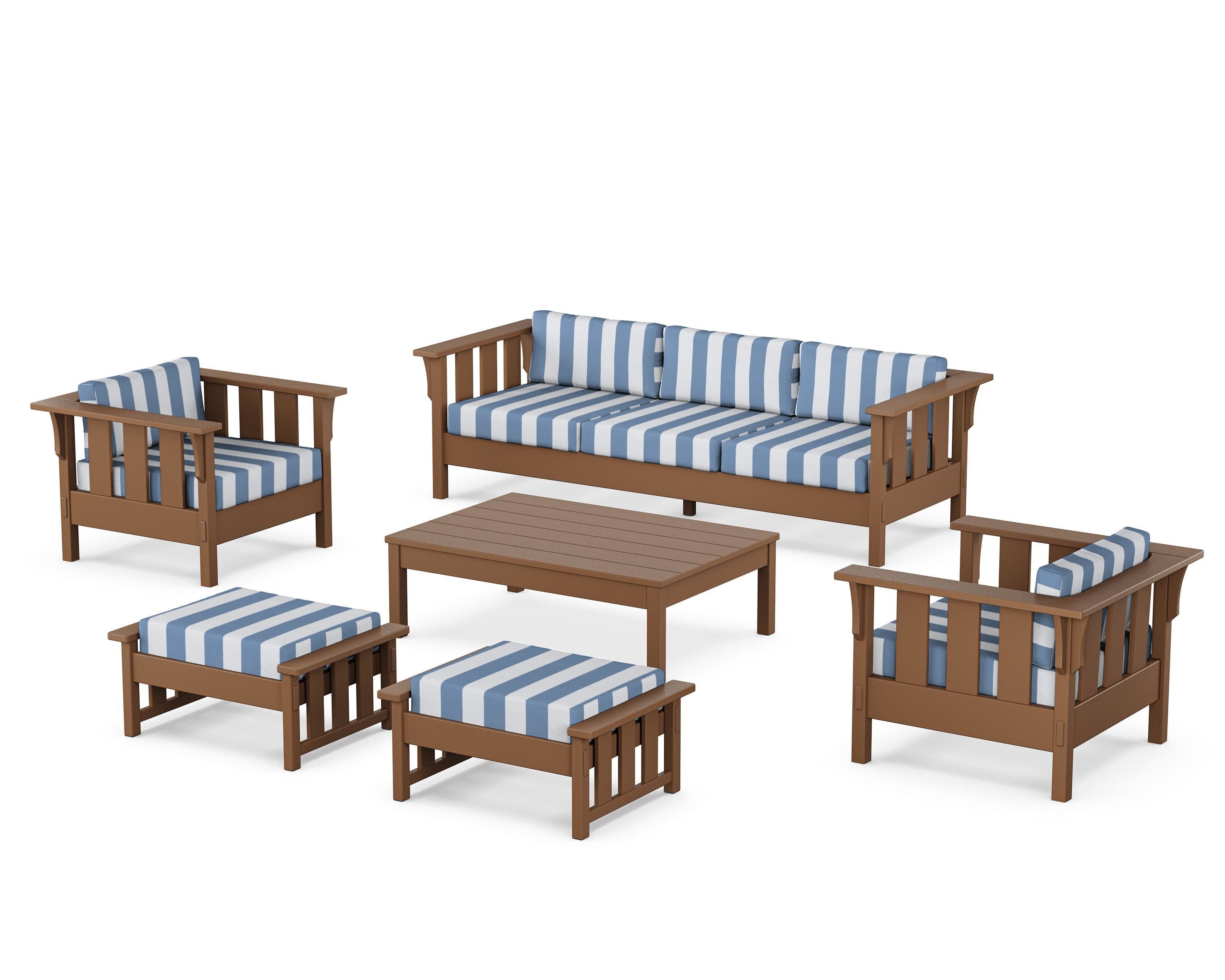 Acadia 6-Piece Lounge Sofa Set in Teak / Cabana Stripe Sky Blue
