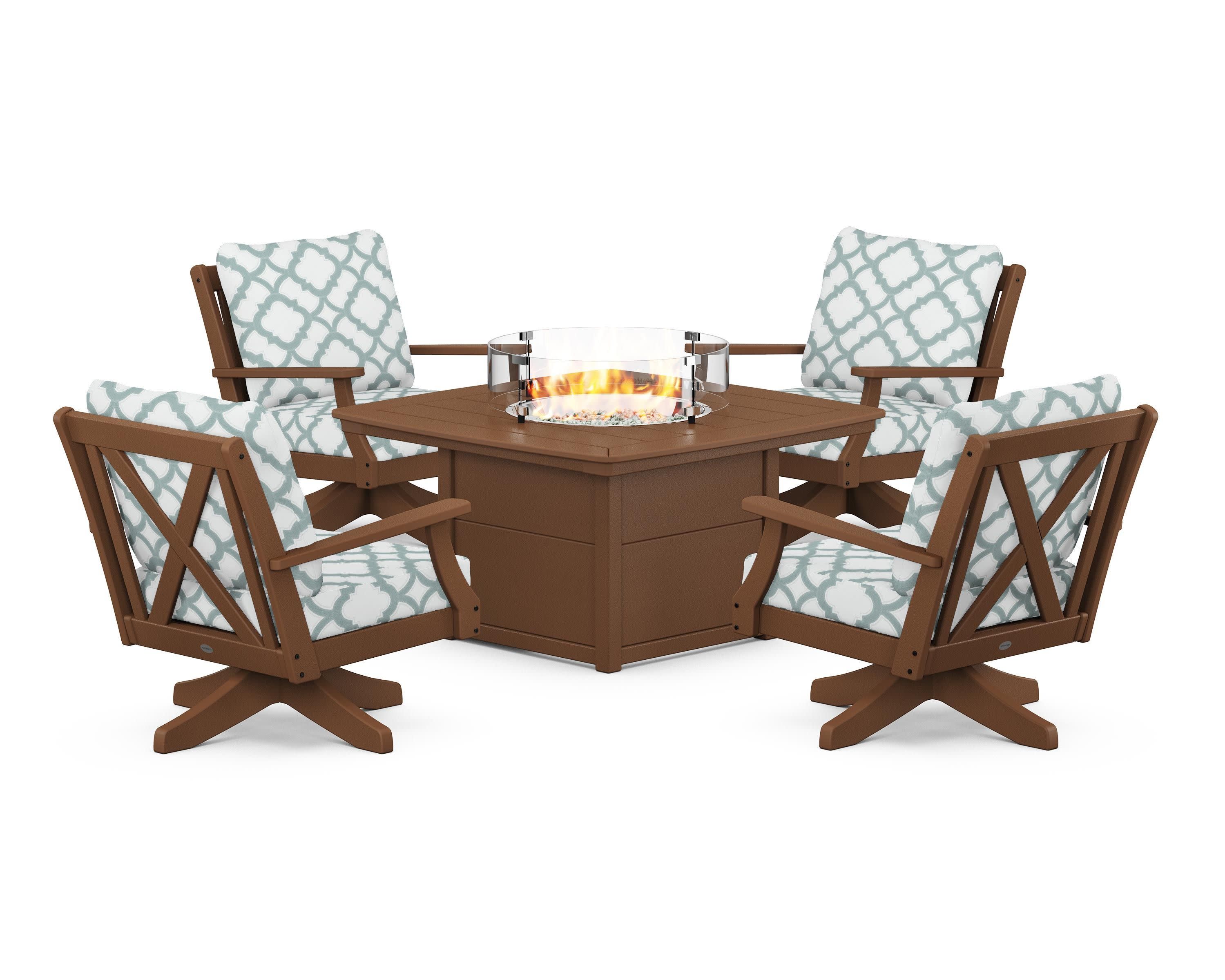 Braxton 5-Piece Deep Seating Swivel Conversation Set with Fire Pit Table in Teak / Trellis Glacier Spa