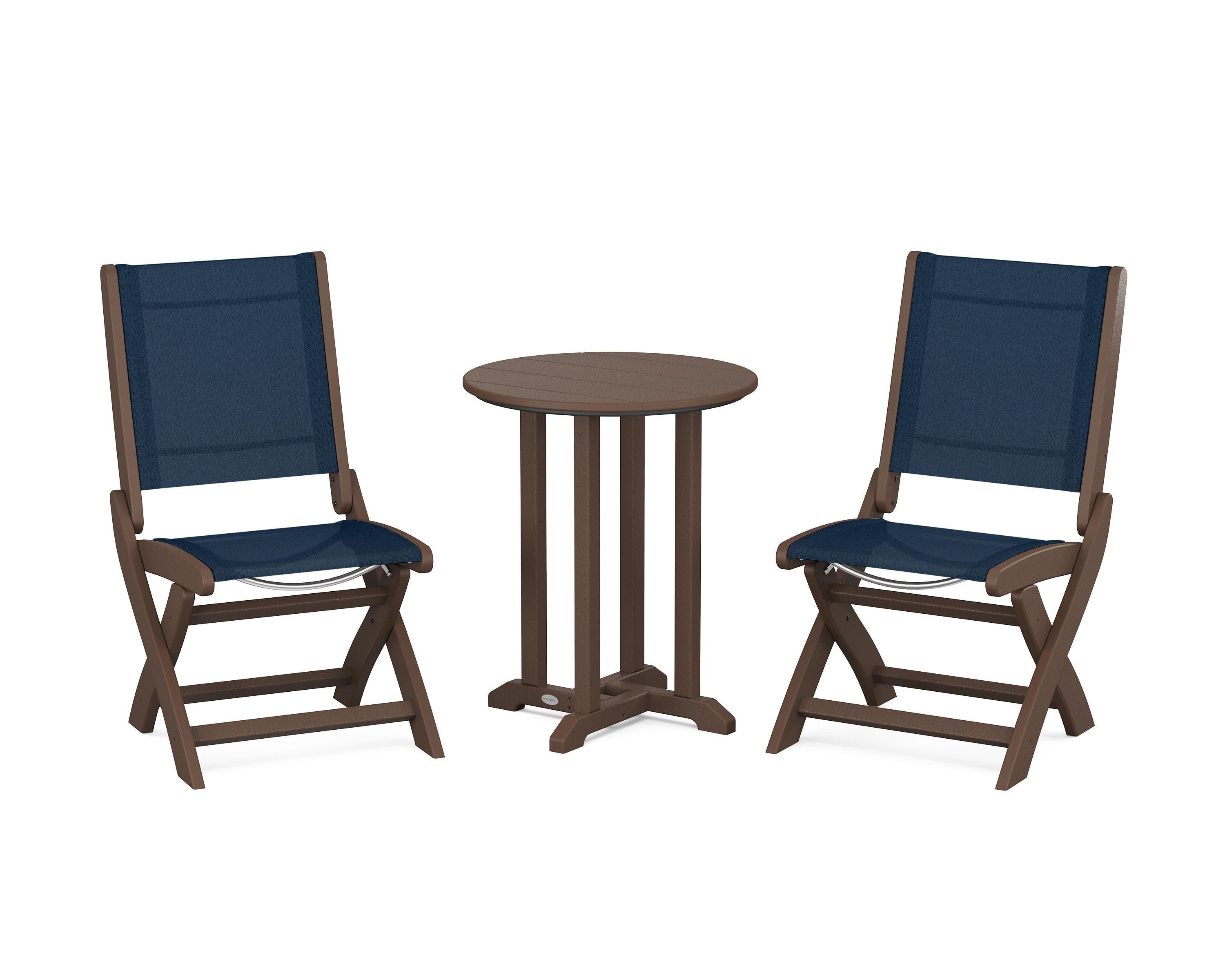 Coastal Folding Side Chair 3-Piece Round Bistro Dining Set in Mahogany / Navy Blue Sling