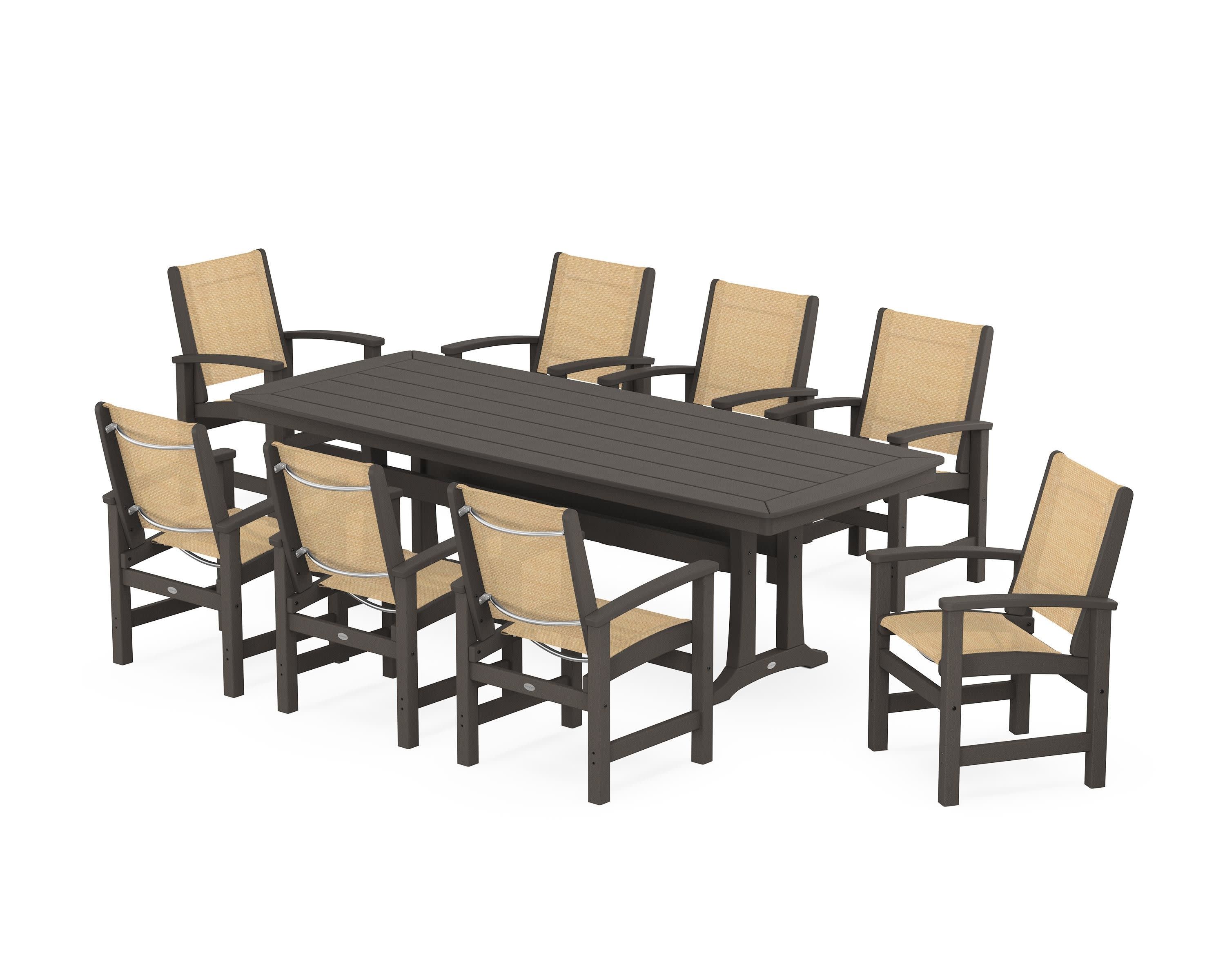 Coastal 9-Piece Dining Set with Trestle Legs in Vintage Coffee / Dupioni Apricot Sling