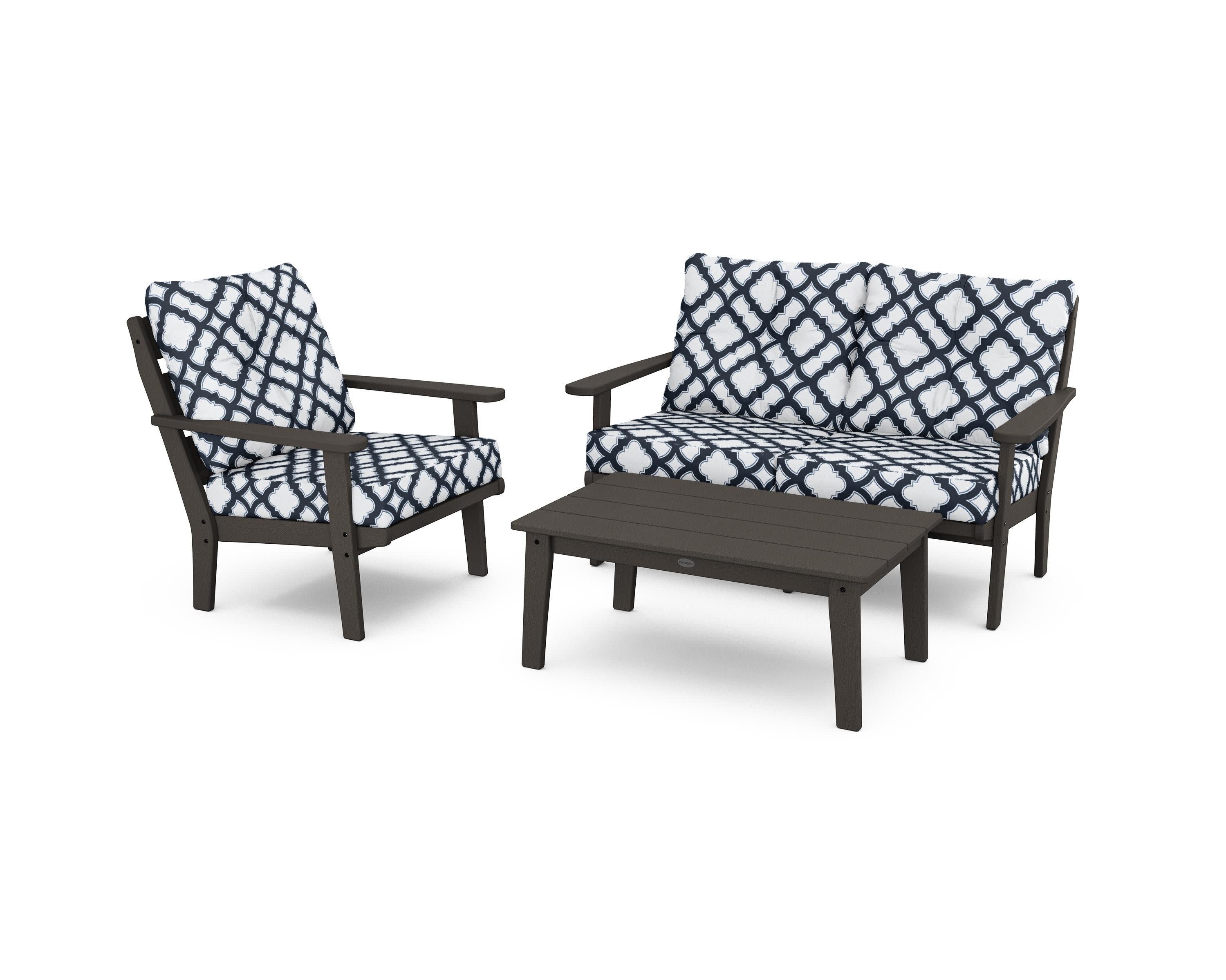 Lakeside 3-Piece Deep Seating Set in Vintage Coffee / Trellis Marine Indigo