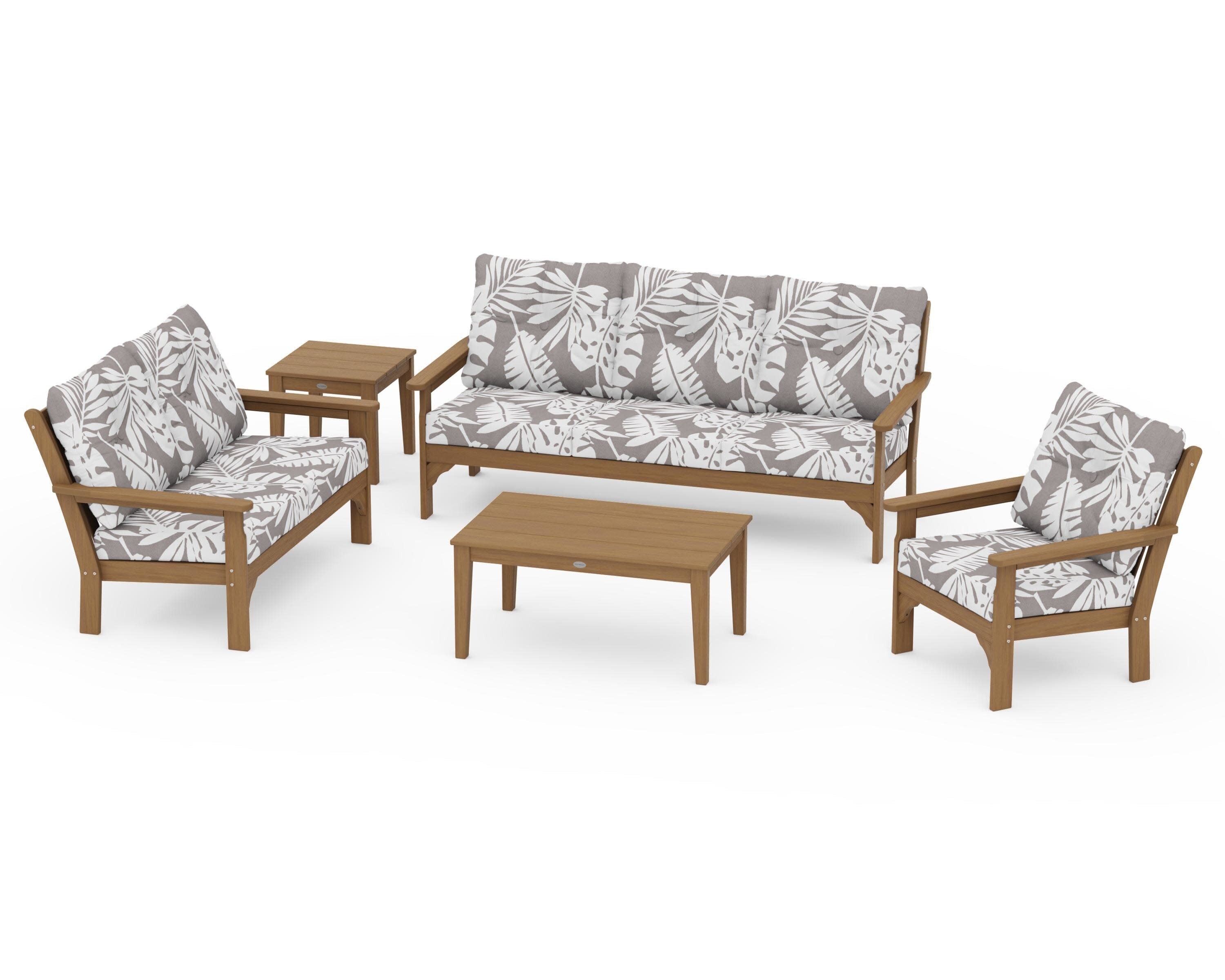 Vineyard 5 Piece Deep Seating Set in Natural / Leaf Grey Mist