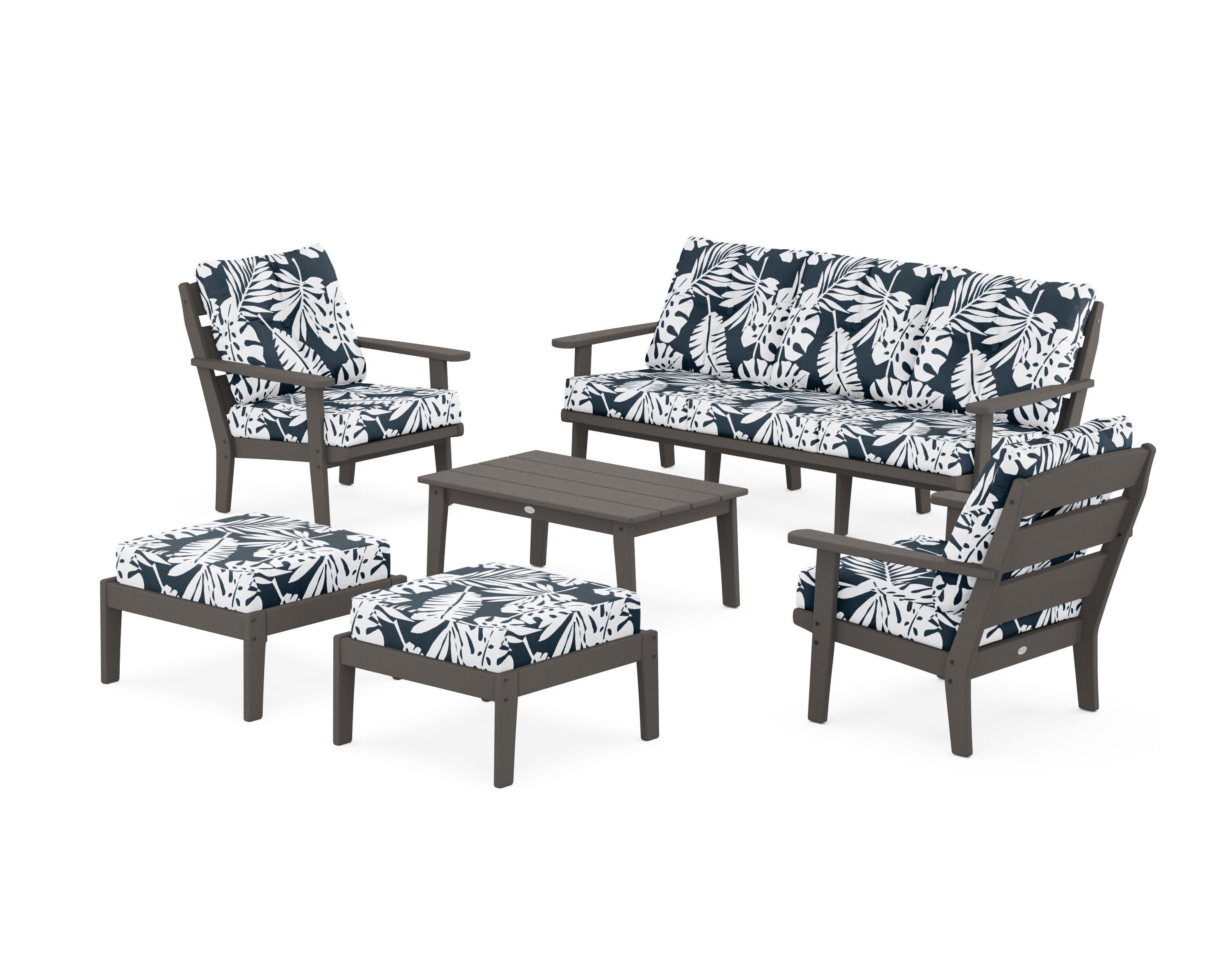 Lakeside 6-Piece Lounge Sofa Set in Vintage Coffee / Leaf Marine Indigo