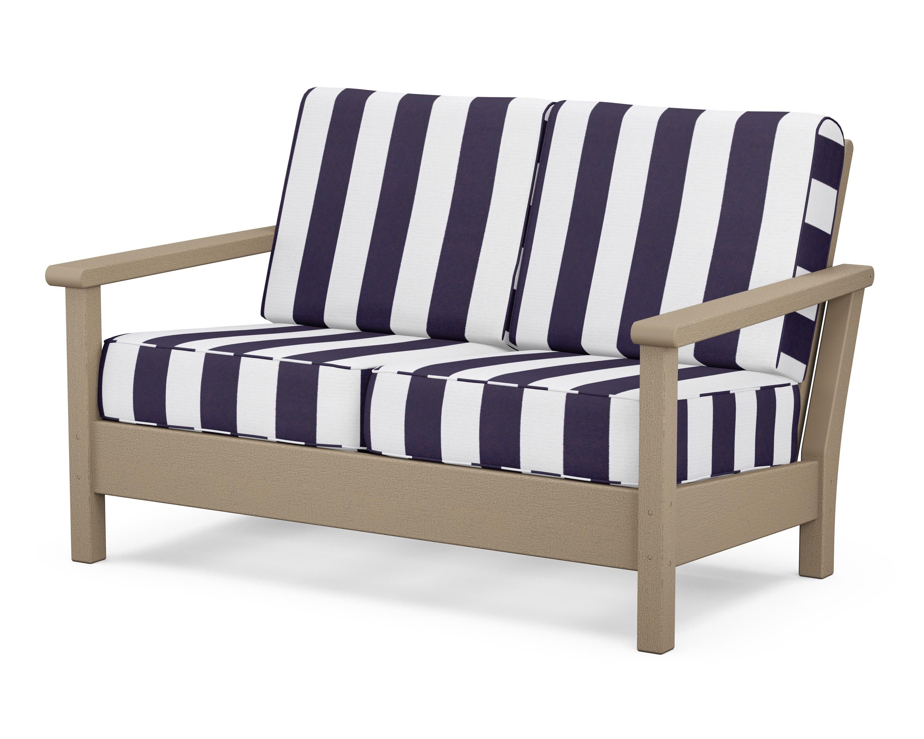 Harbour Deep Seating Loveseat in Vintage Sahara / Cabana Stripe Navy