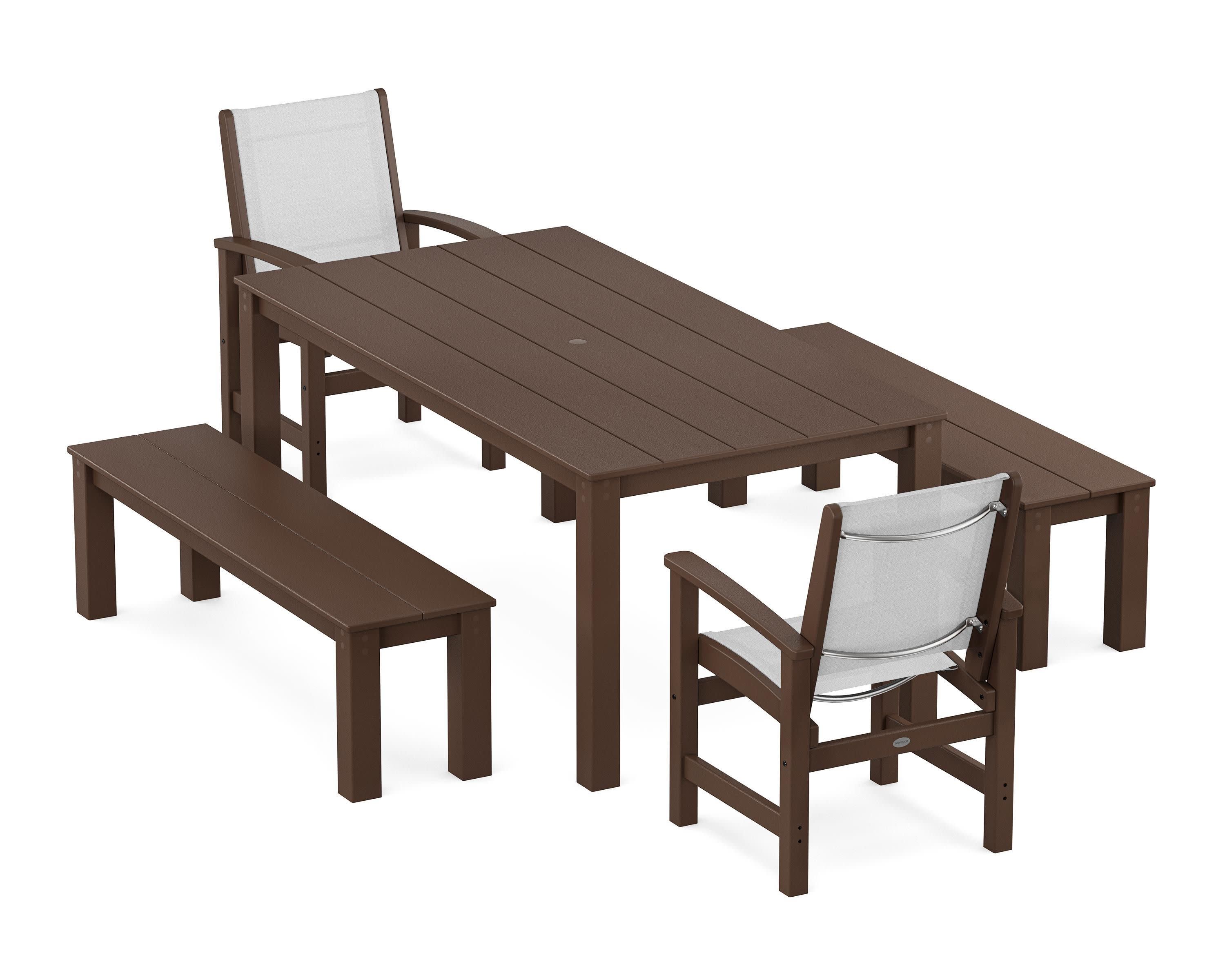 Coastal 5-Piece Parsons Dining Set with Benches in Mahogany / White Sling
