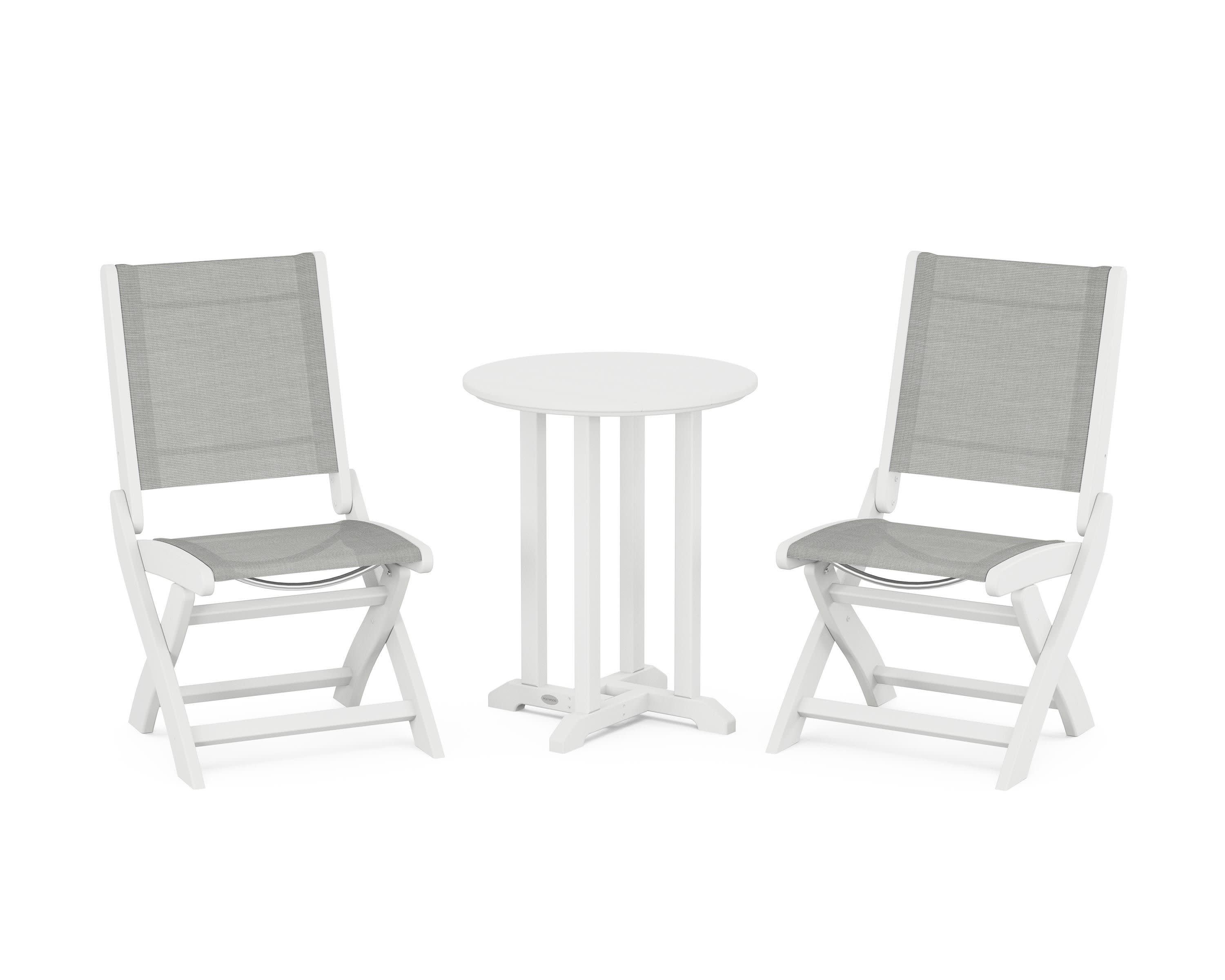 Coastal Folding Side Chair 3-Piece Round Bistro Dining Set in White / Metallic Sling