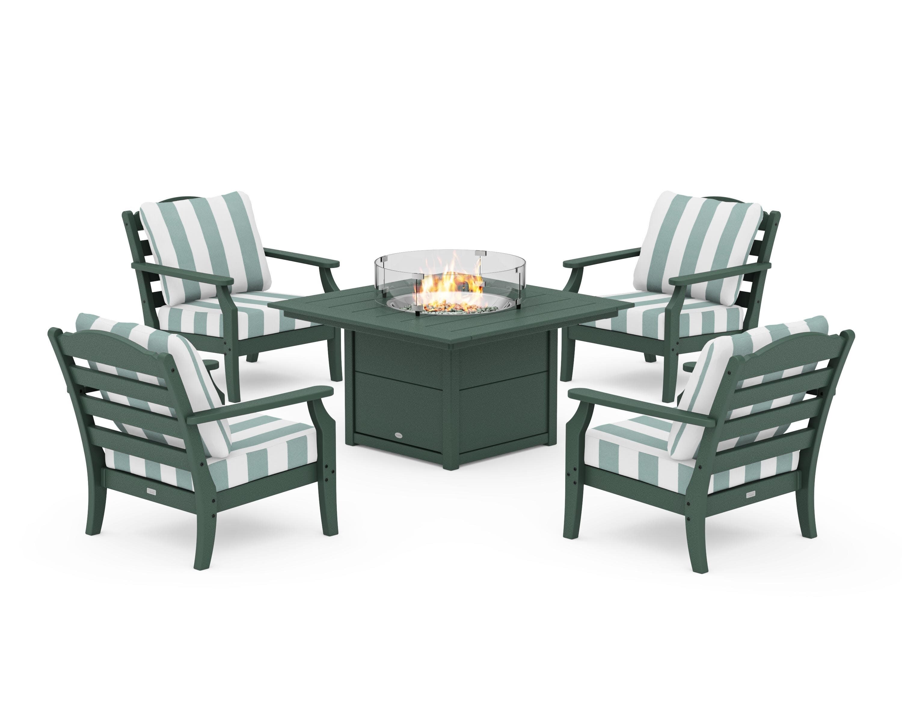 Savannah 5-Piece Deep Seating Set with Fire Pit Table in Green / Cabana Stripe Glacier Spa