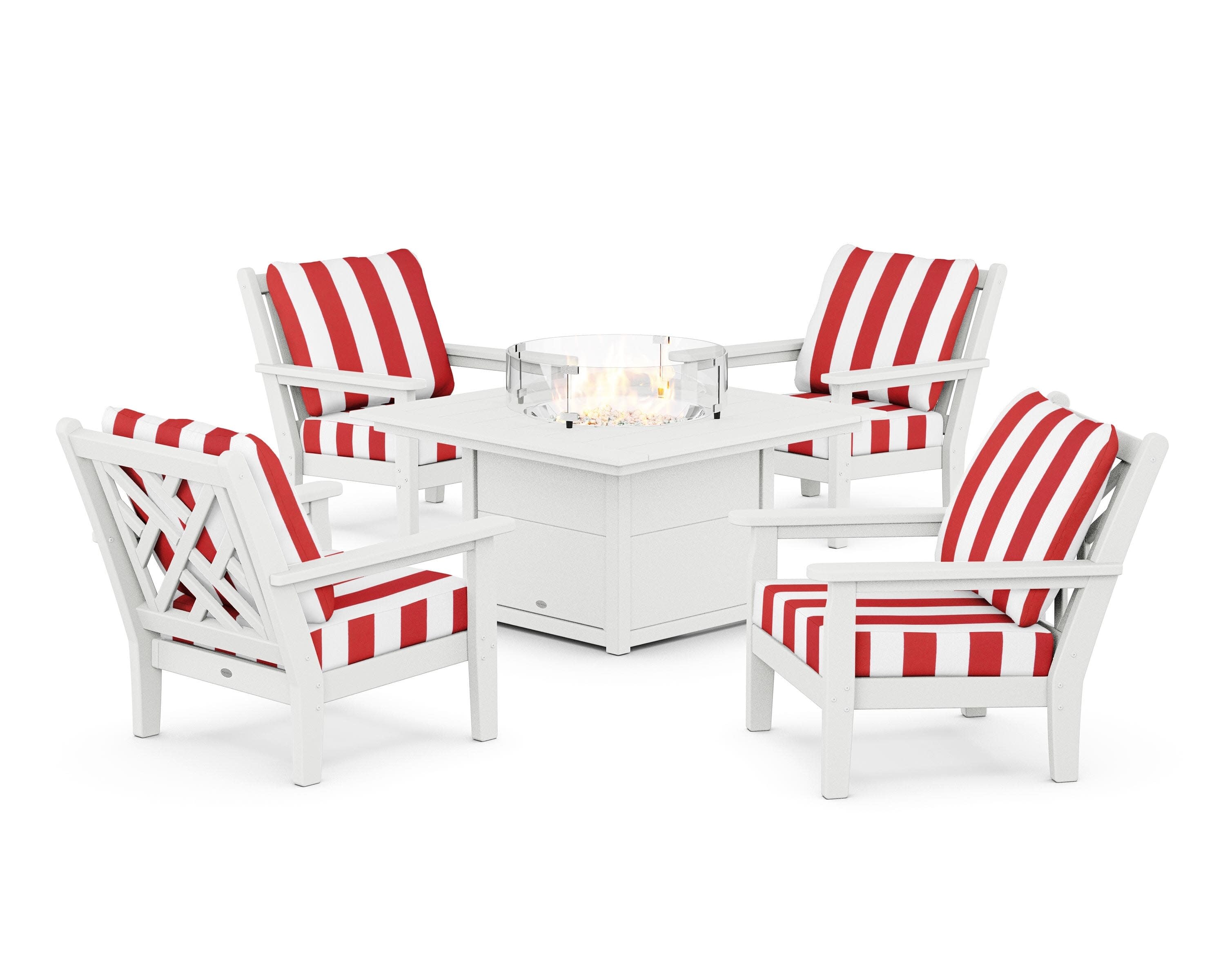 Chippendale 5-Piece Deep Seating Set with Fire Pit Table in White / Cabana Stripe Crimson