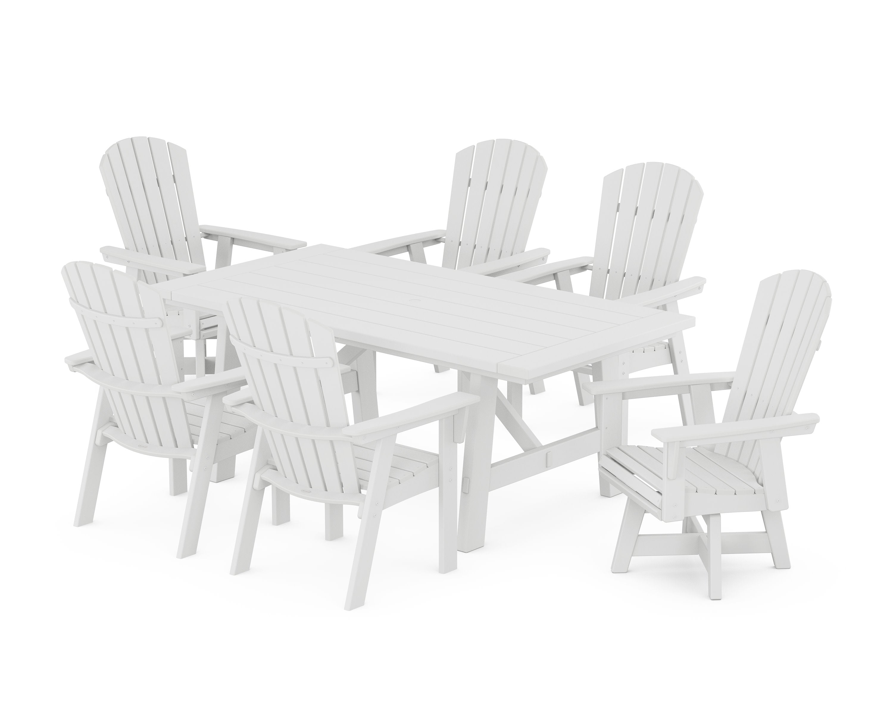 Nautical Curveback Adirondack Swivel Chair 7-Piece Rustic Farmhouse Dining Set in White
