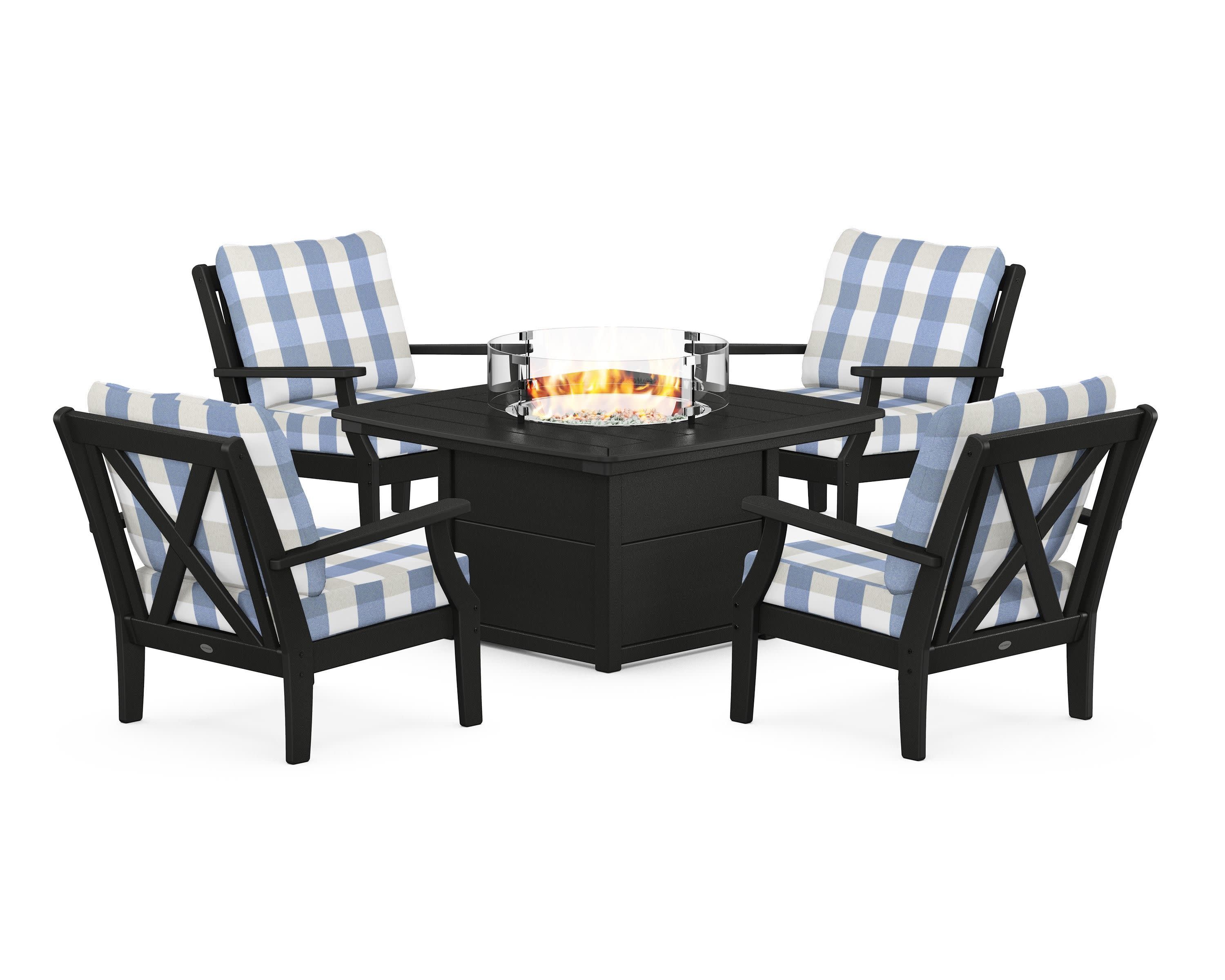 Braxton 5-Piece Deep Seating Conversation Set with Fire Pit Table in Black / Buffalo Plaid Sky Blue