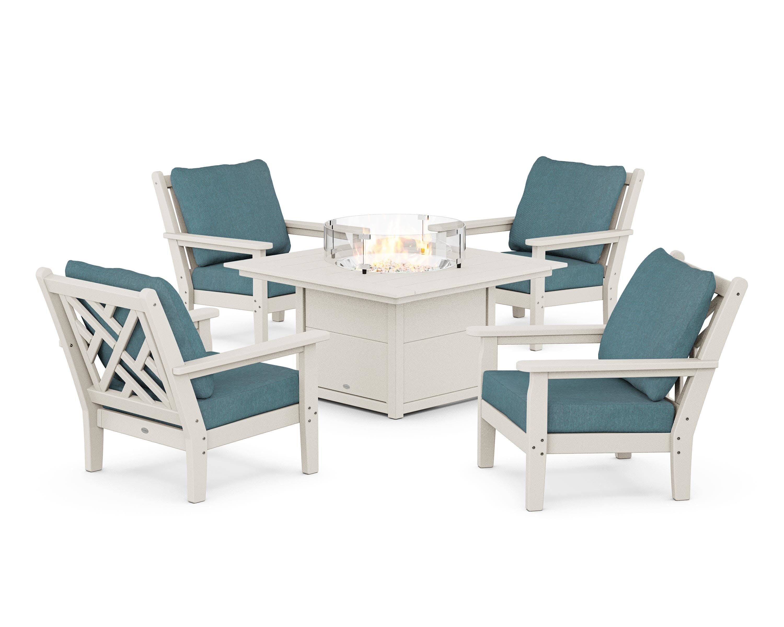 Chippendale 5-Piece Deep Seating Set with Fire Pit Table in Sand / Ocean Teal