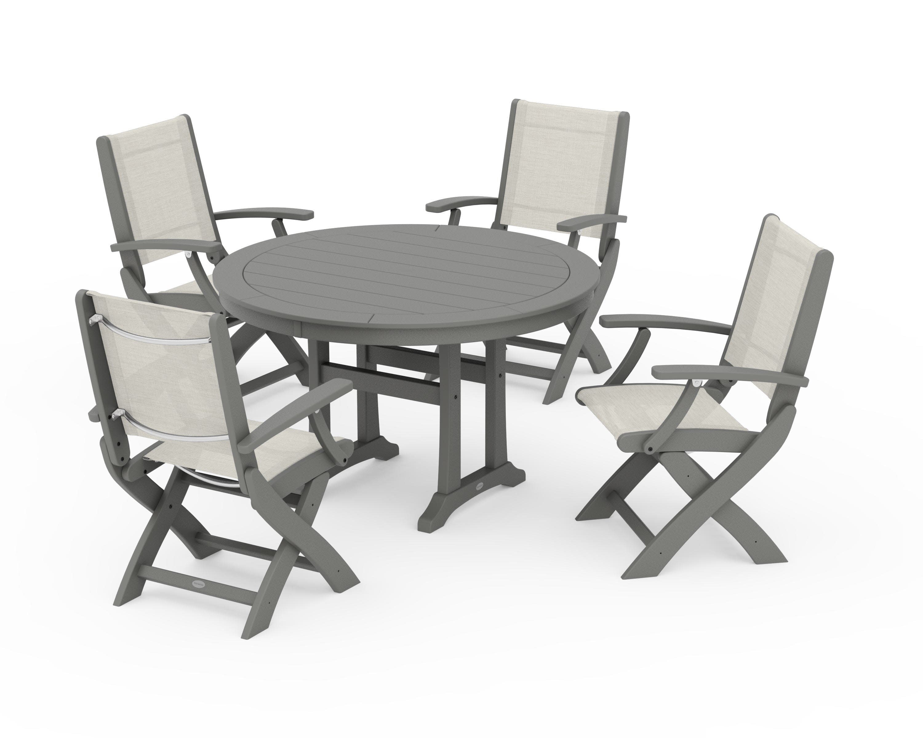 Coastal Folding Chair 5-Piece Round Dining Set with Trestle Legs in Slate Grey / Parchment Sling