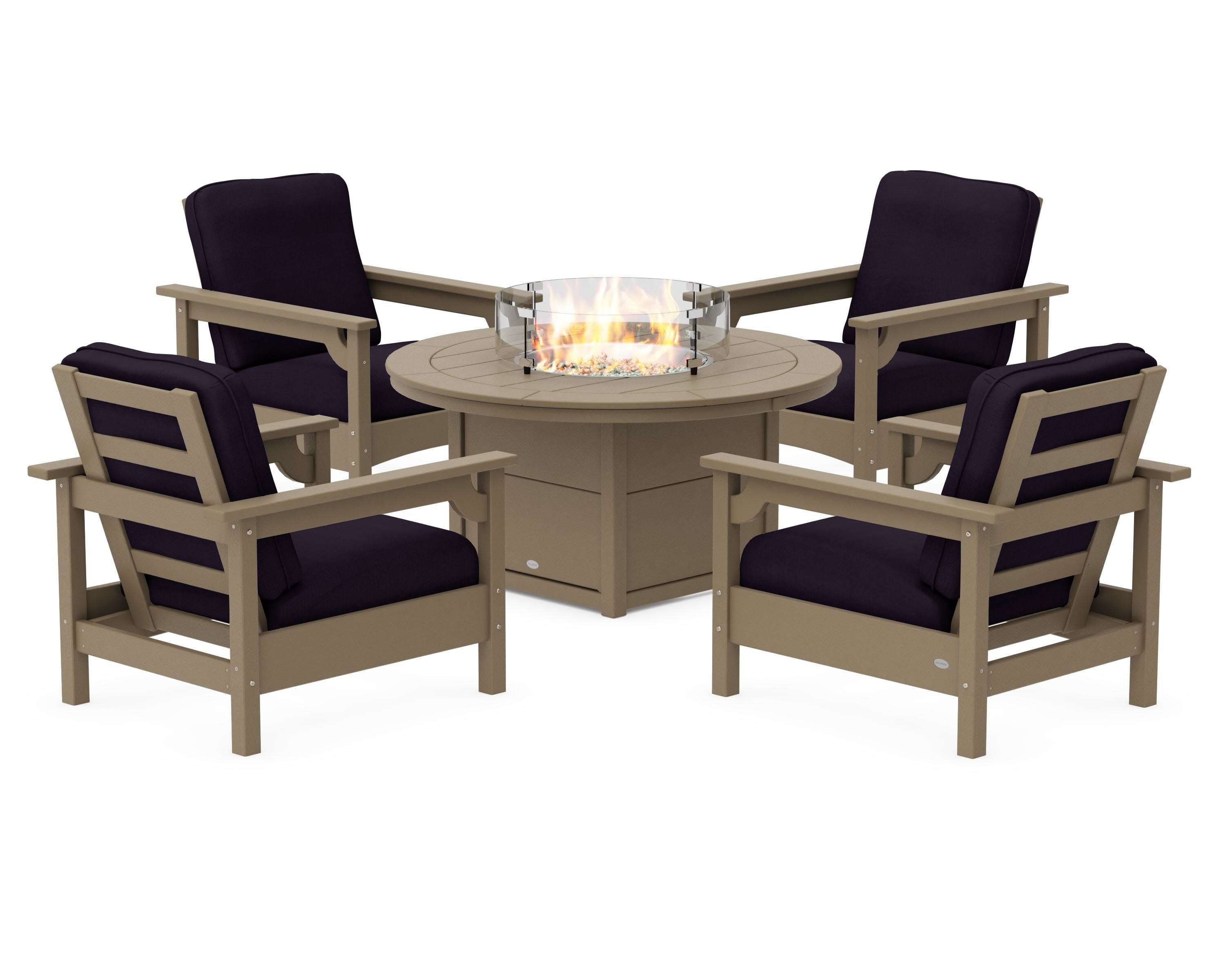 Club 5-Piece Conversation Set with Fire Pit Table in Vintage Sahara / Navy Linen
