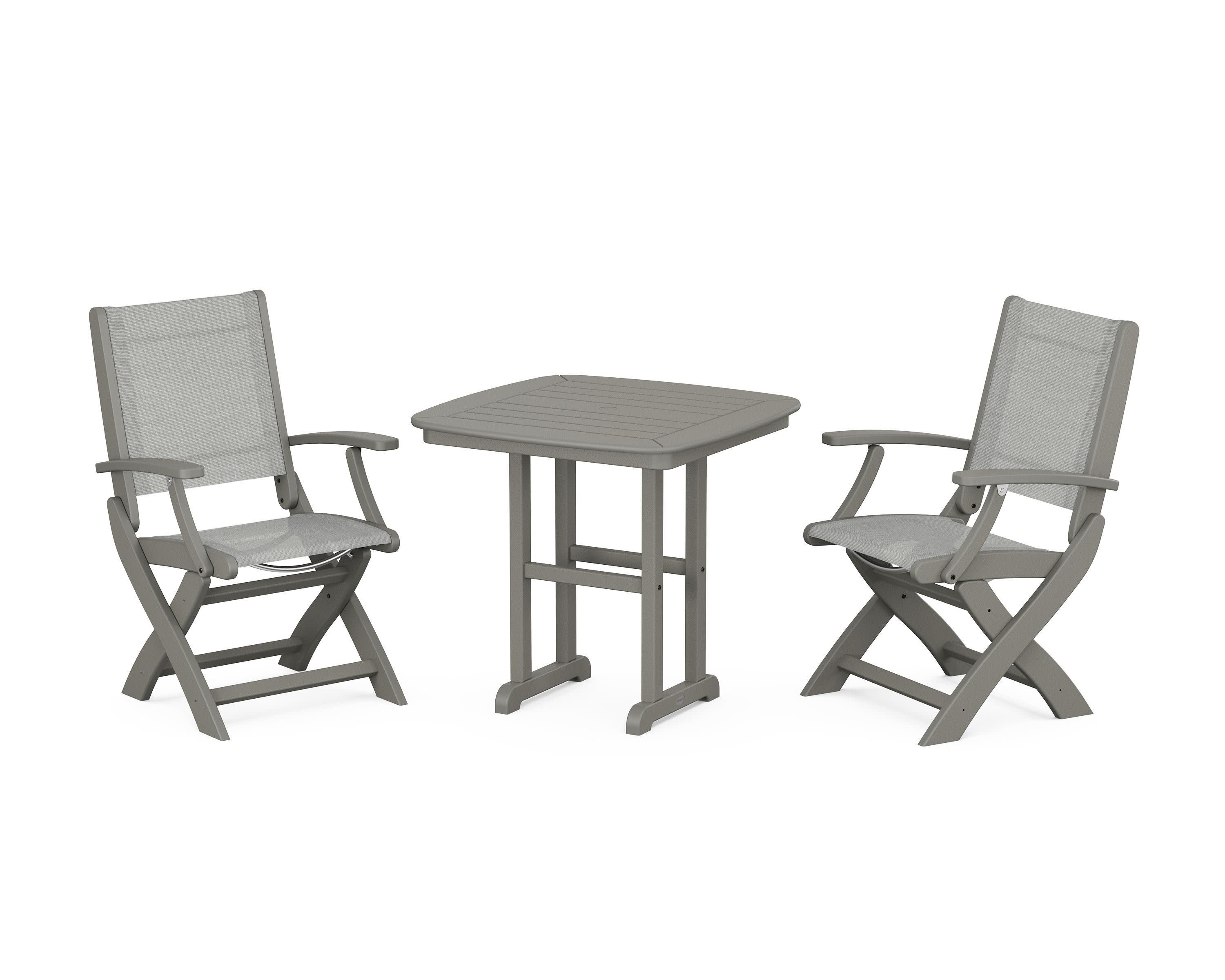 Coastal Folding Chair 3-Piece Dining Set in Slate Grey / Metallic Sling