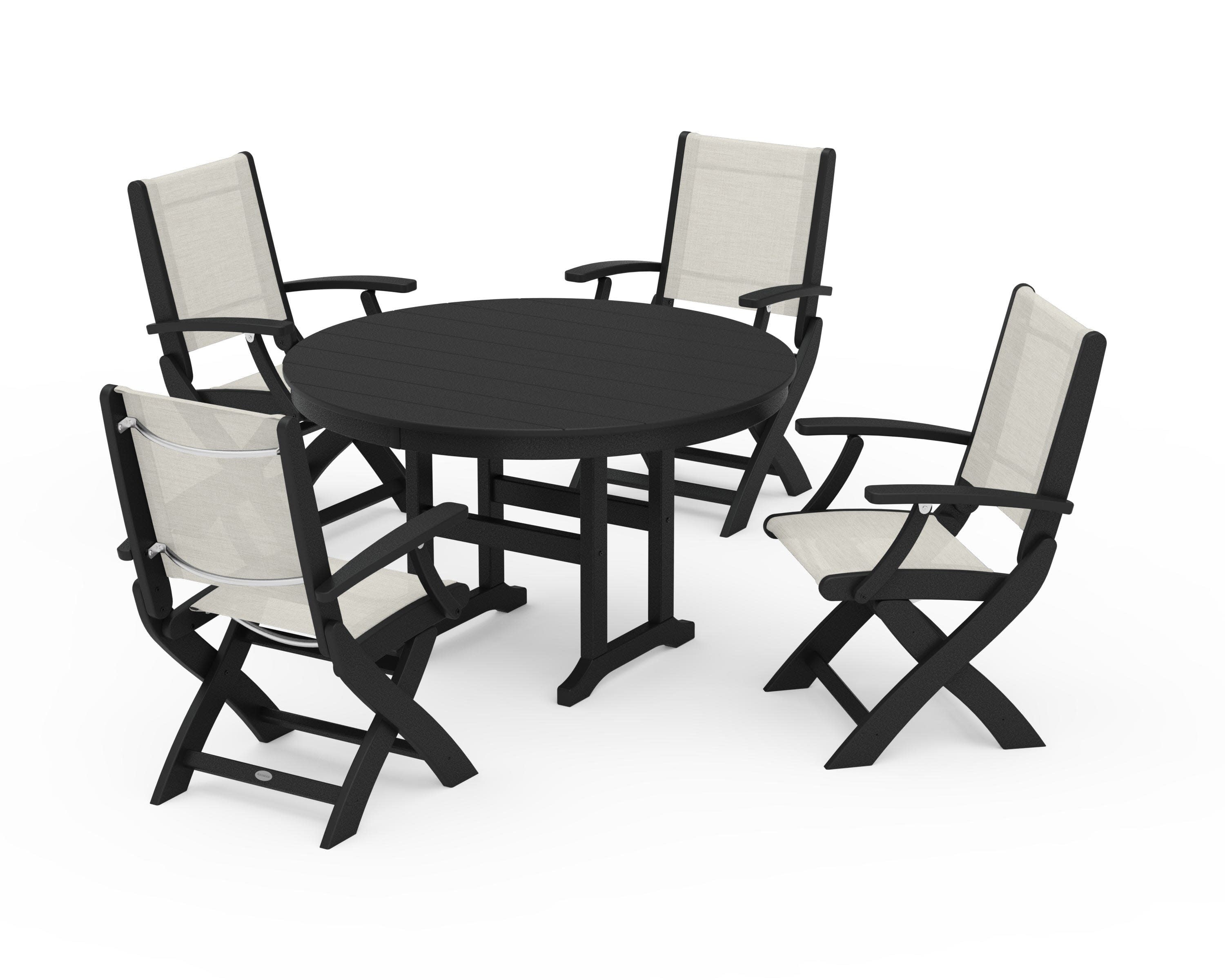 Coastal Folding Chair 5-Piece Round Dining Set in Black / Parchment Sling