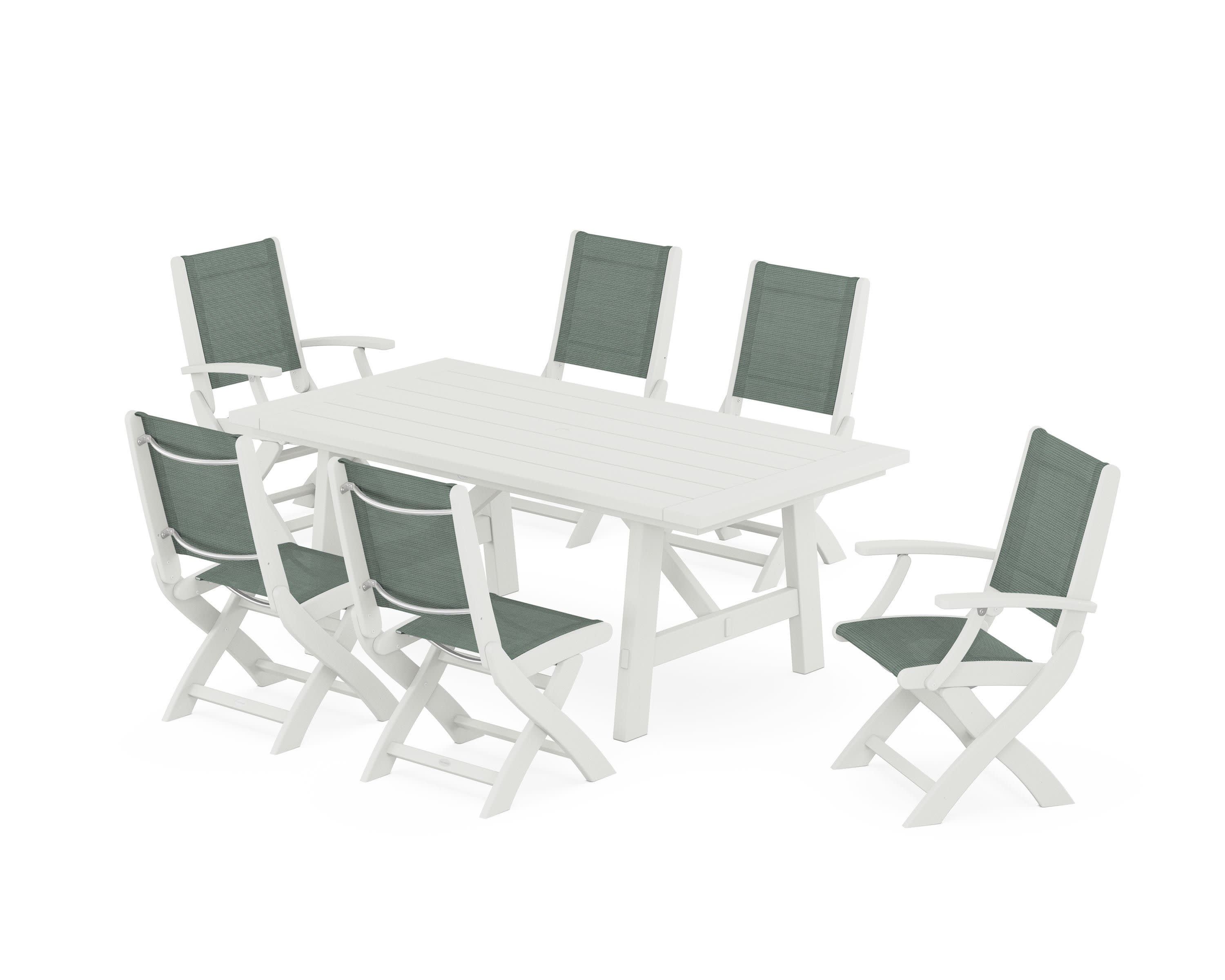 Coastal Folding Chair 7-Piece Rustic Farmhouse Dining Set in Vintage White / Dupioni Sea Mist Sling