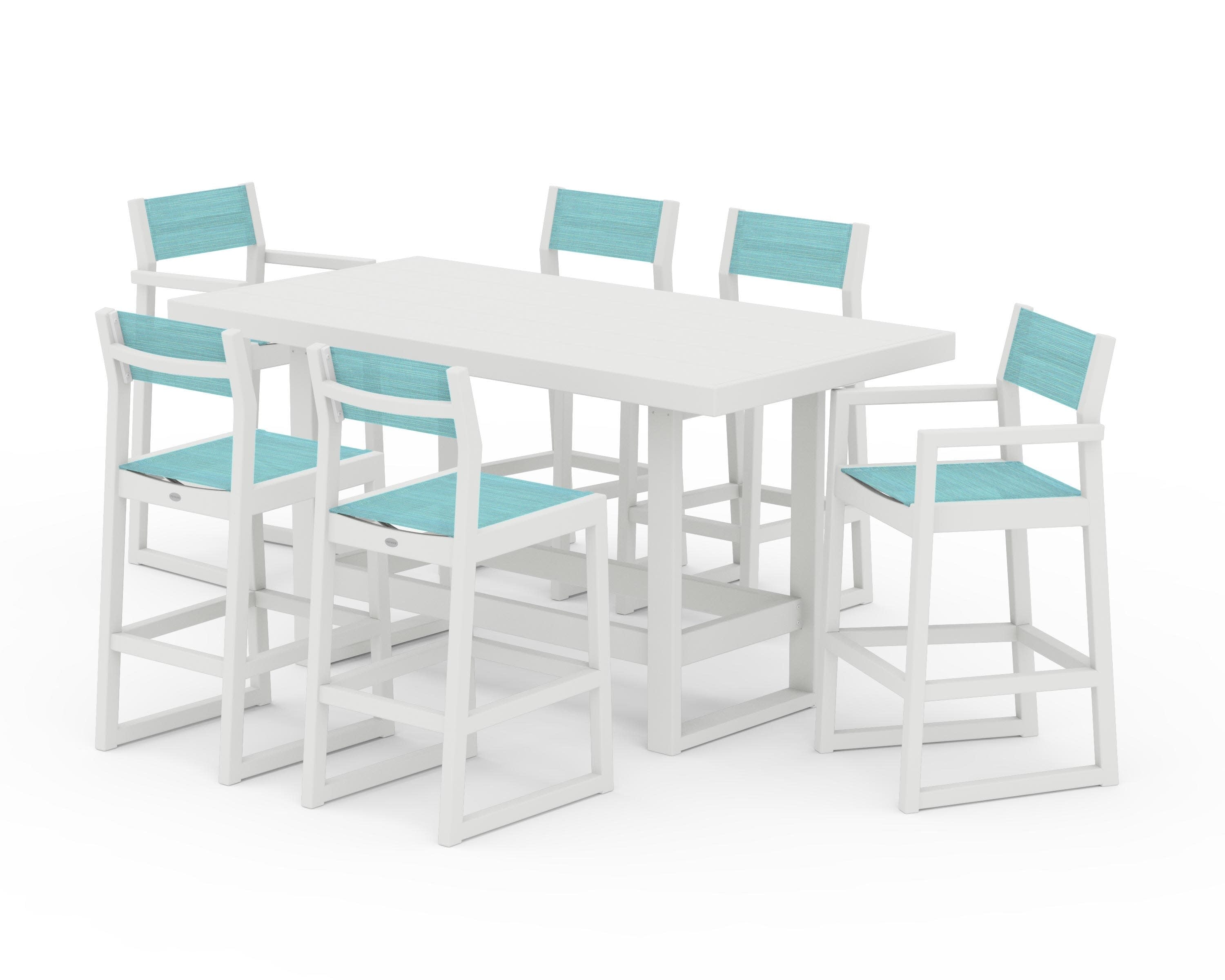 EDGE Sling 7-Piece Bar Table Set in Vintage White / Dupioni Aquamarine Sling