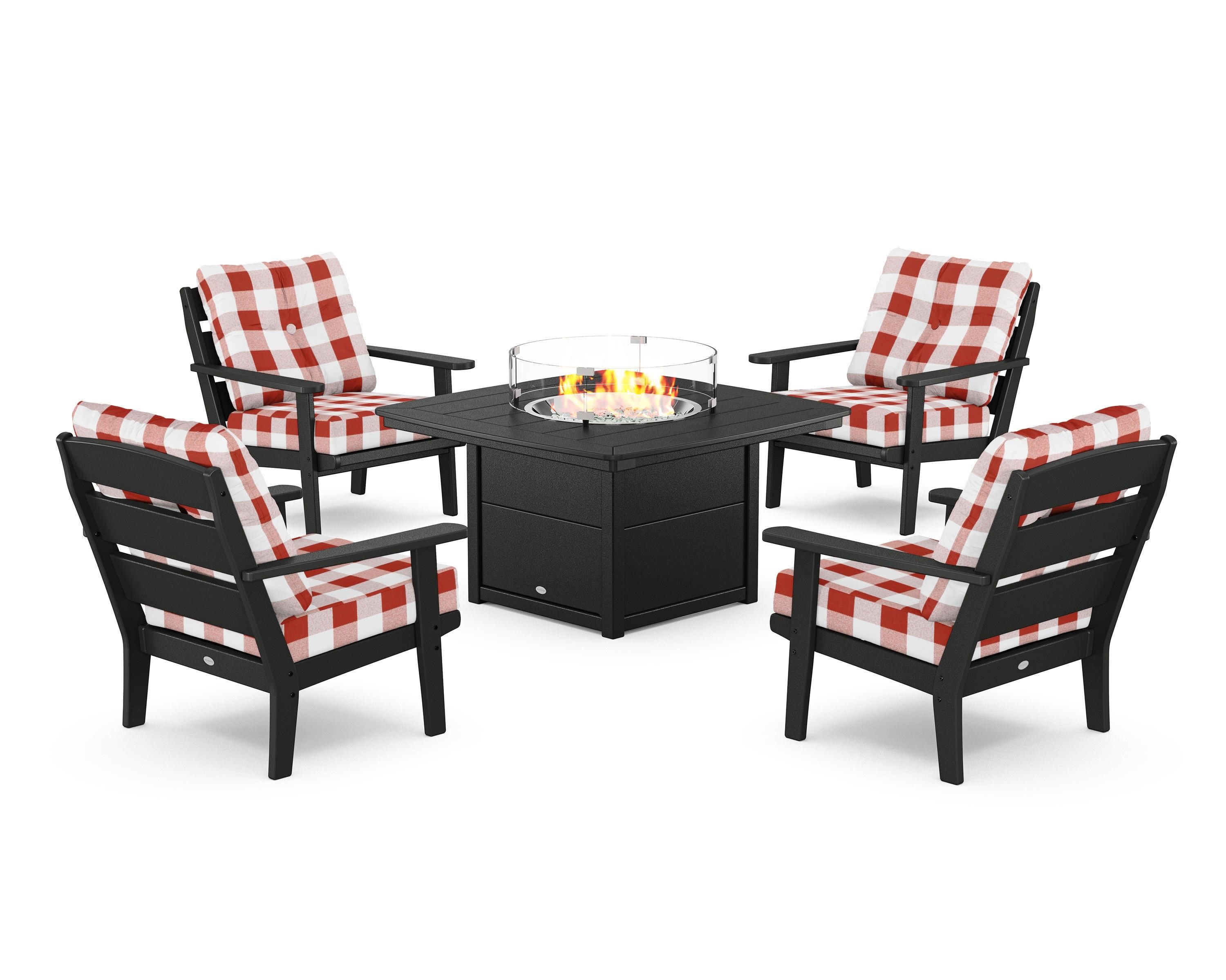 Lakeside 5-Piece Deep Seating Set with Nautical Fire Pit Table in Black / Buffalo Plaid Crimson