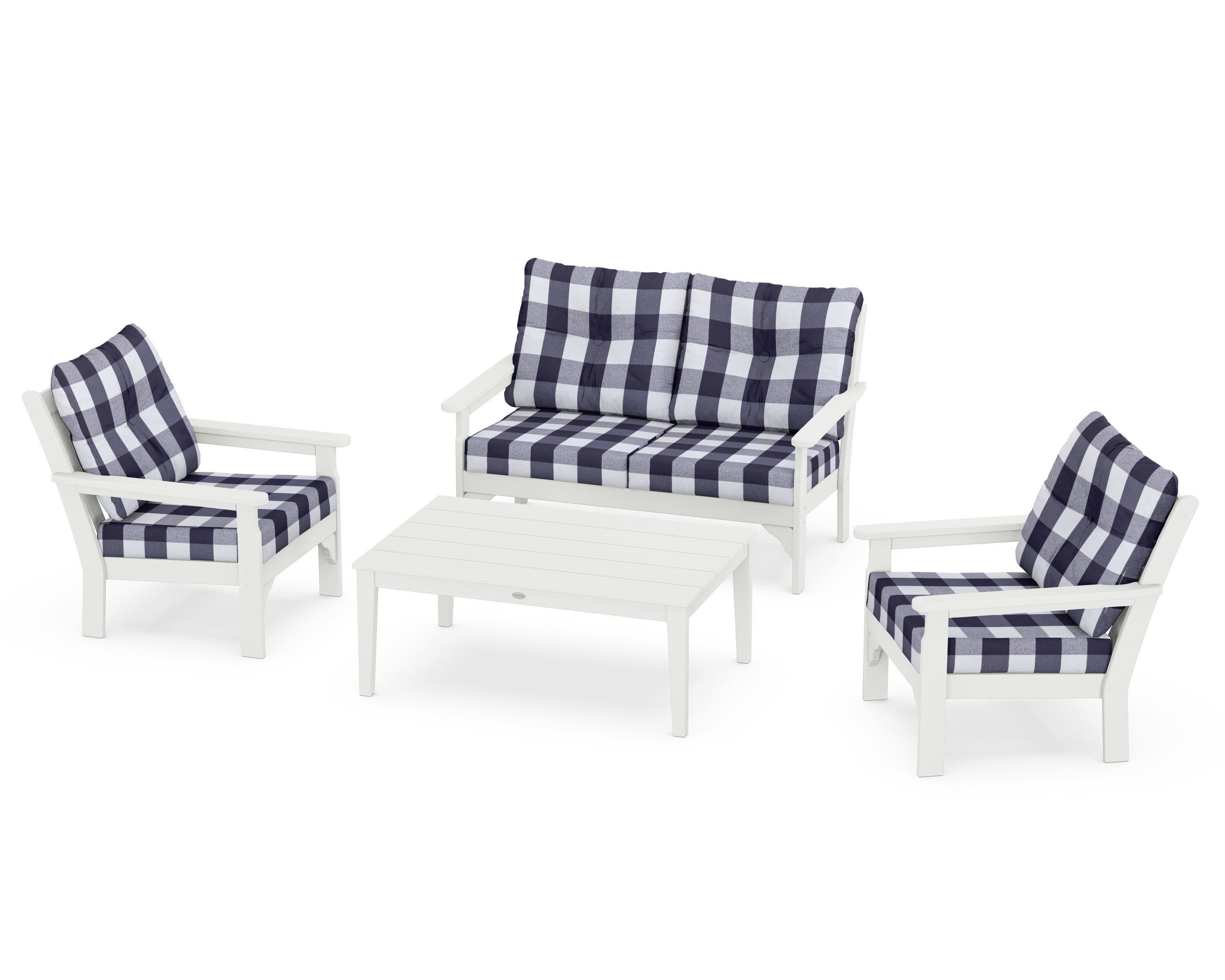 Vineyard 4-Piece Deep Seating Set in Vintage White / Buffalo Plaid Navy