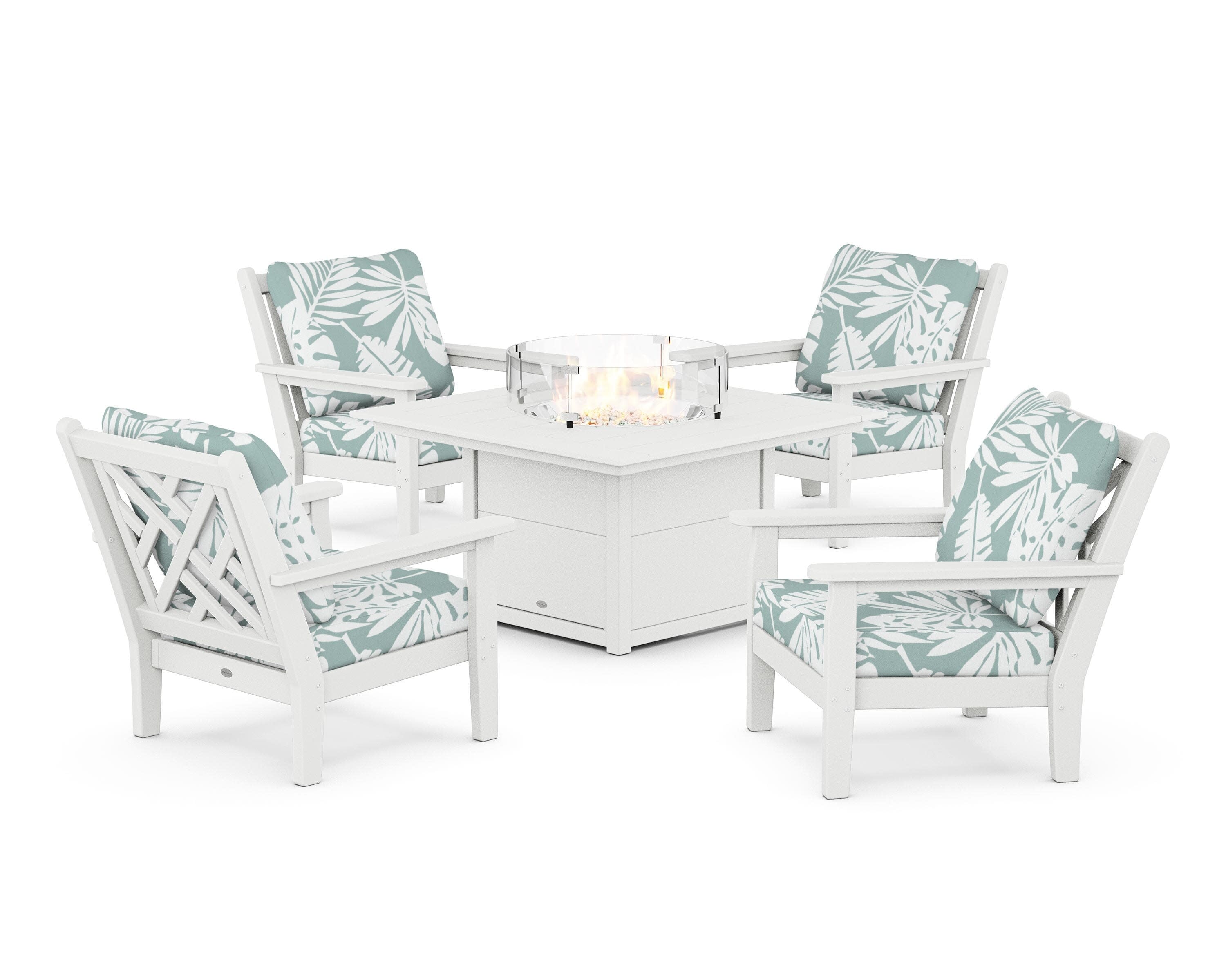 Chippendale 5-Piece Deep Seating Set with Fire Pit Table in White / Leaf Glacier Spa