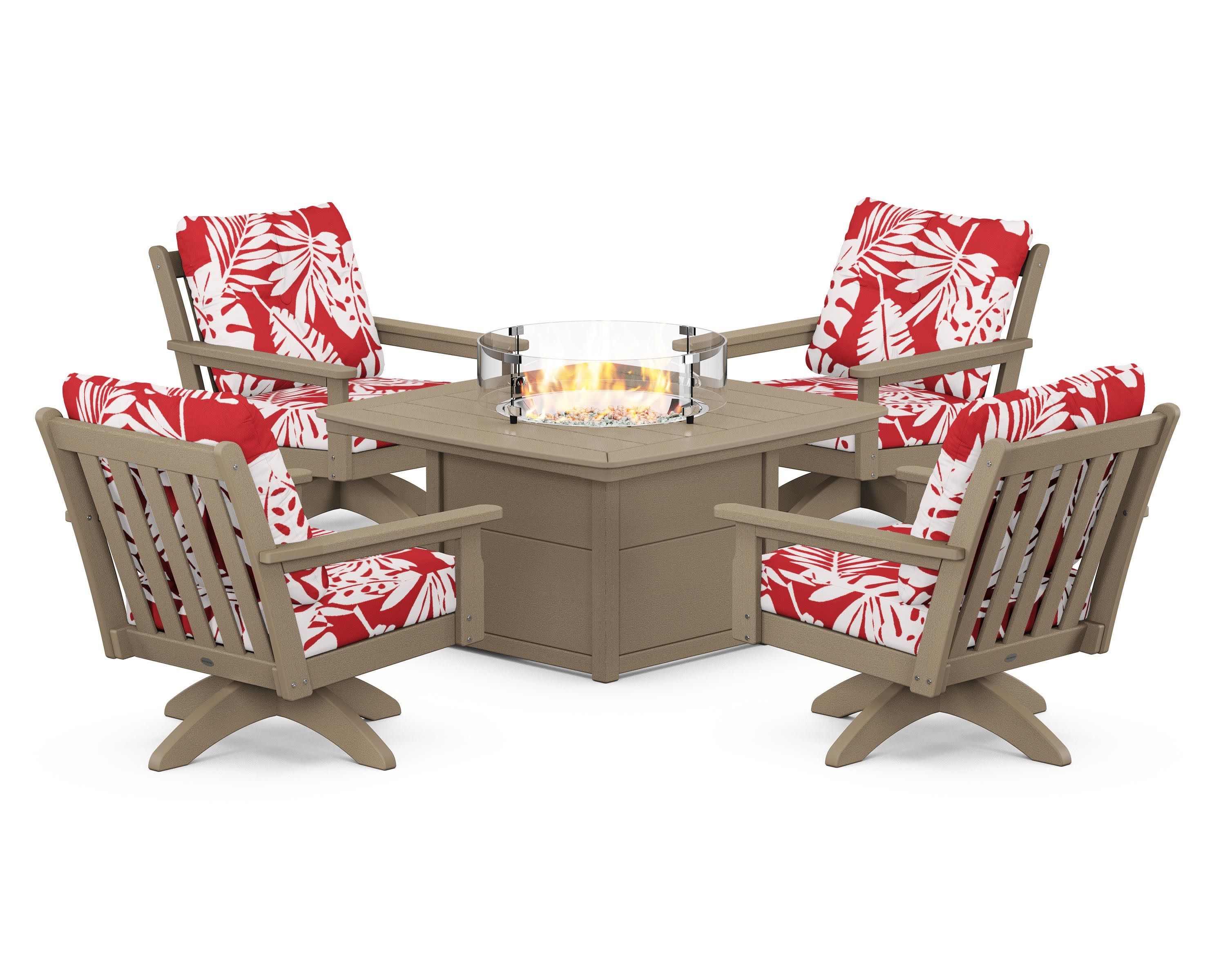 Vineyard 5-Piece Deep Seating Swivel Conversation Set with Fire Pit Table in Vintage Sahara / Leaf Crimson