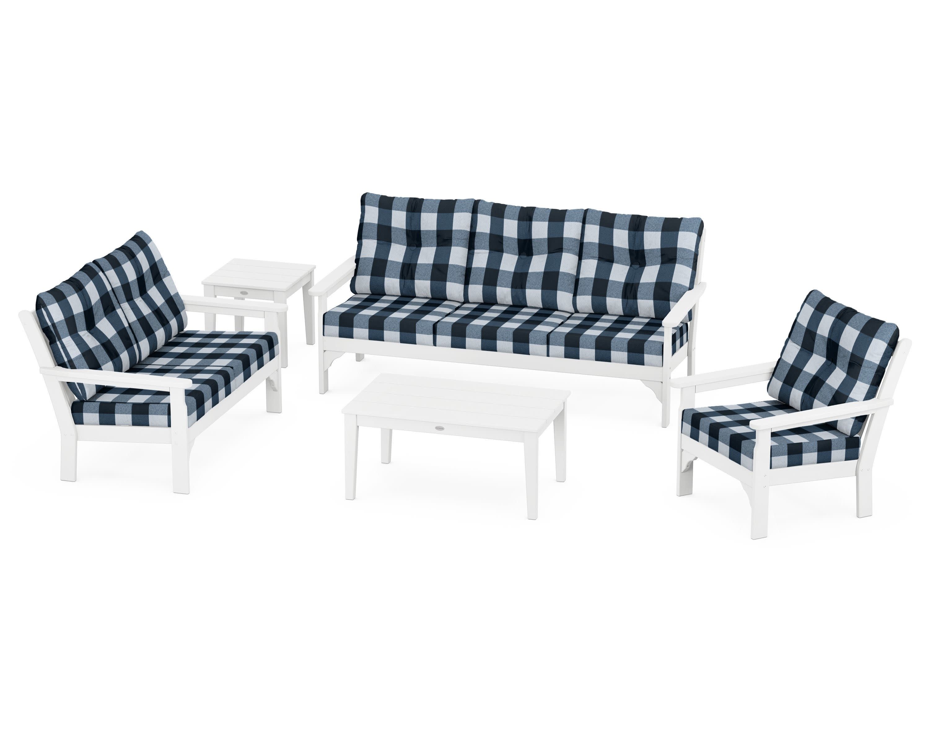 Vineyard 5 Piece Deep Seating Set in White / Buffalo Plaid Marine Indigo