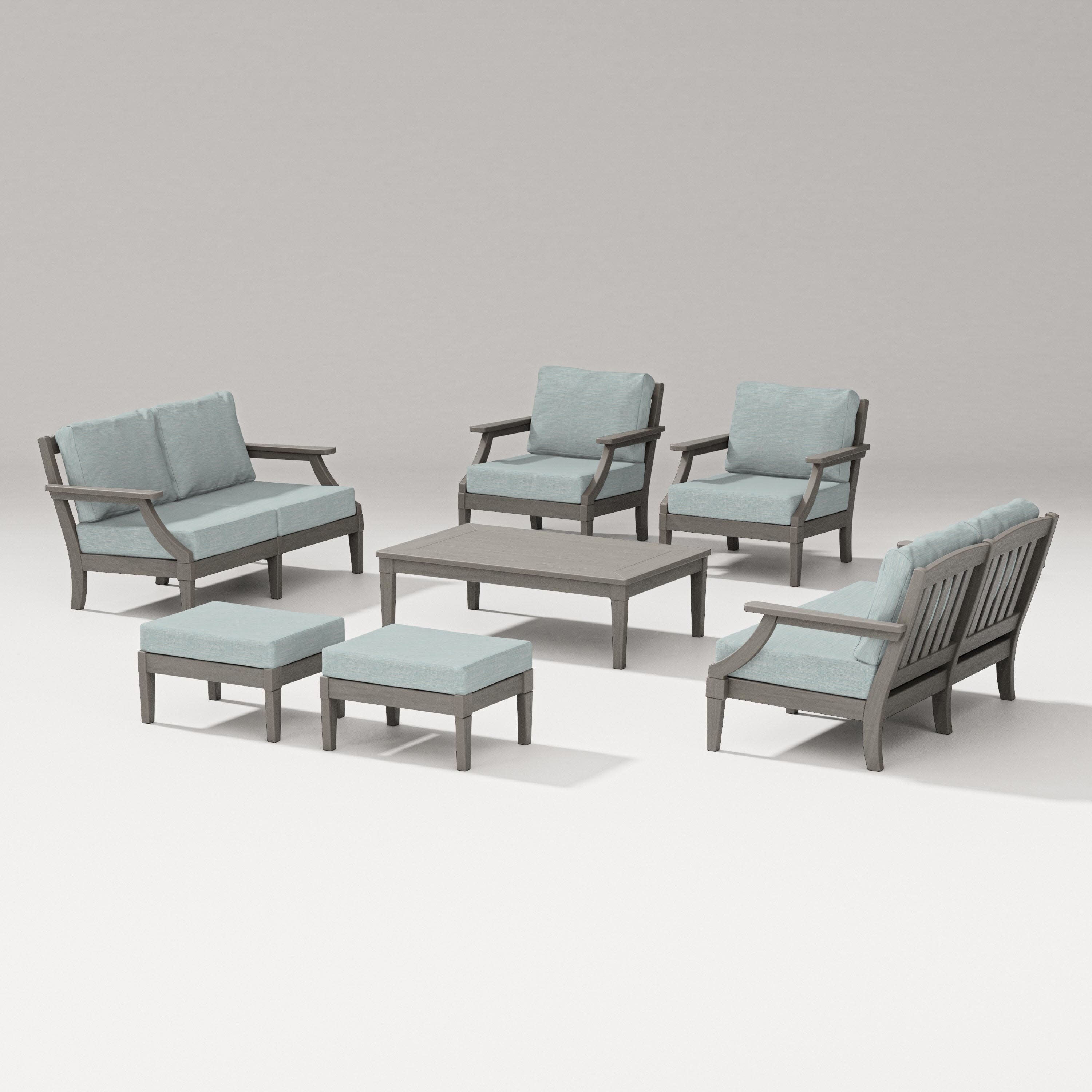 Estate 7-Piece Lounge Loveseat Set in Driftwood / Soothe Mist