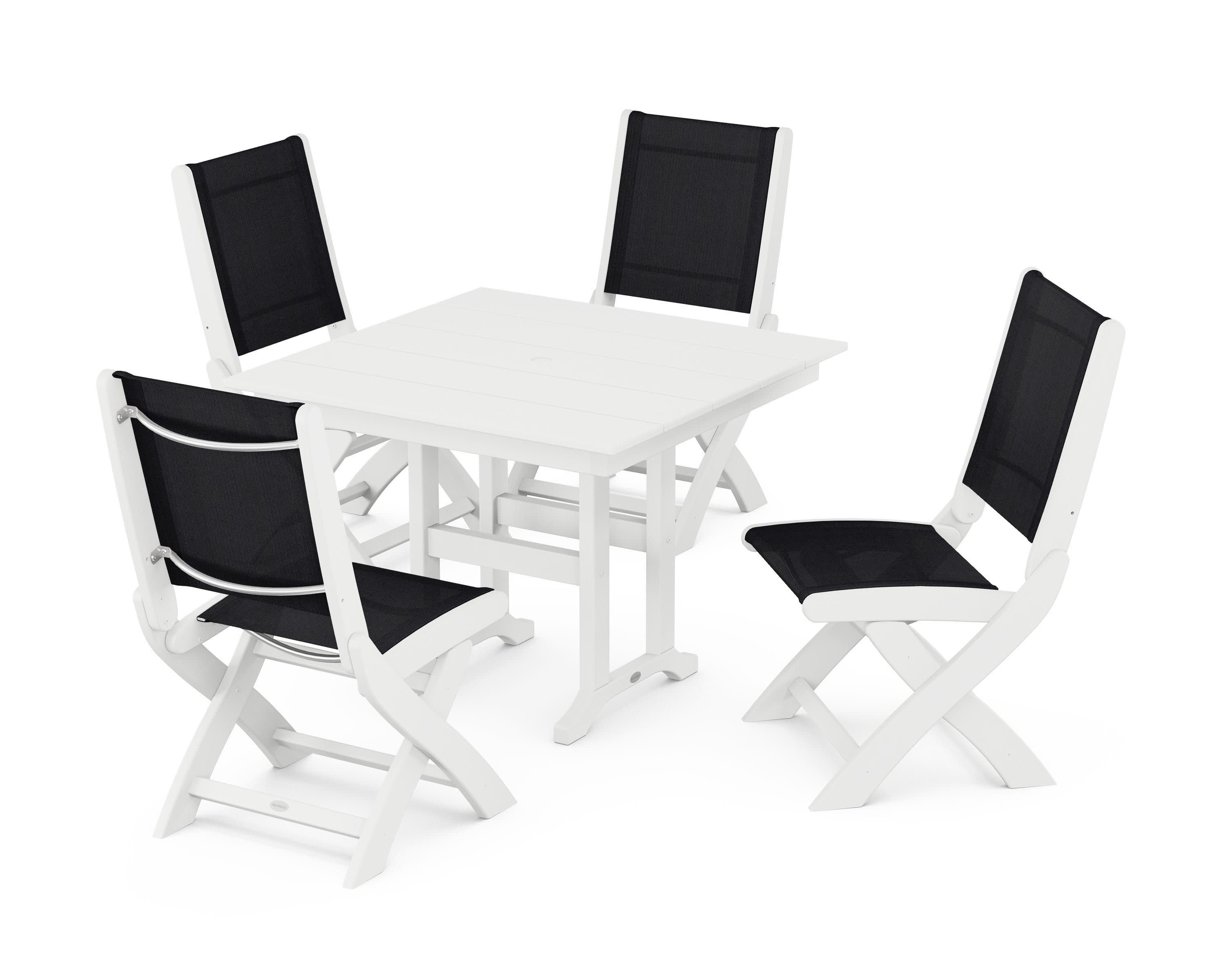 Coastal Folding Side Chair 5-Piece Farmhouse Dining Set in White / Black Sling