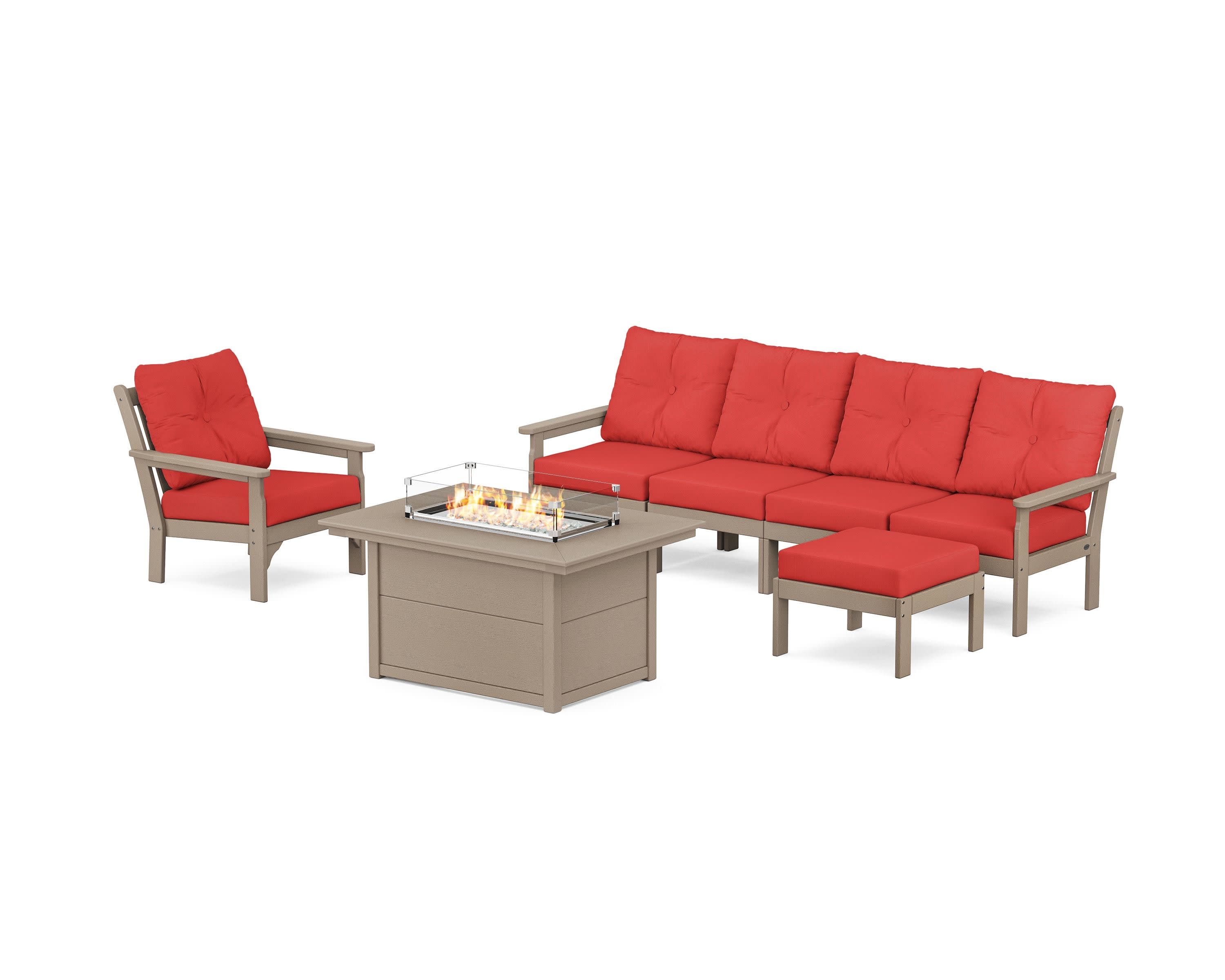 Vineyard Sectional Lounge and Fire Pit Set in Vintage Sahara / Crimson Linen