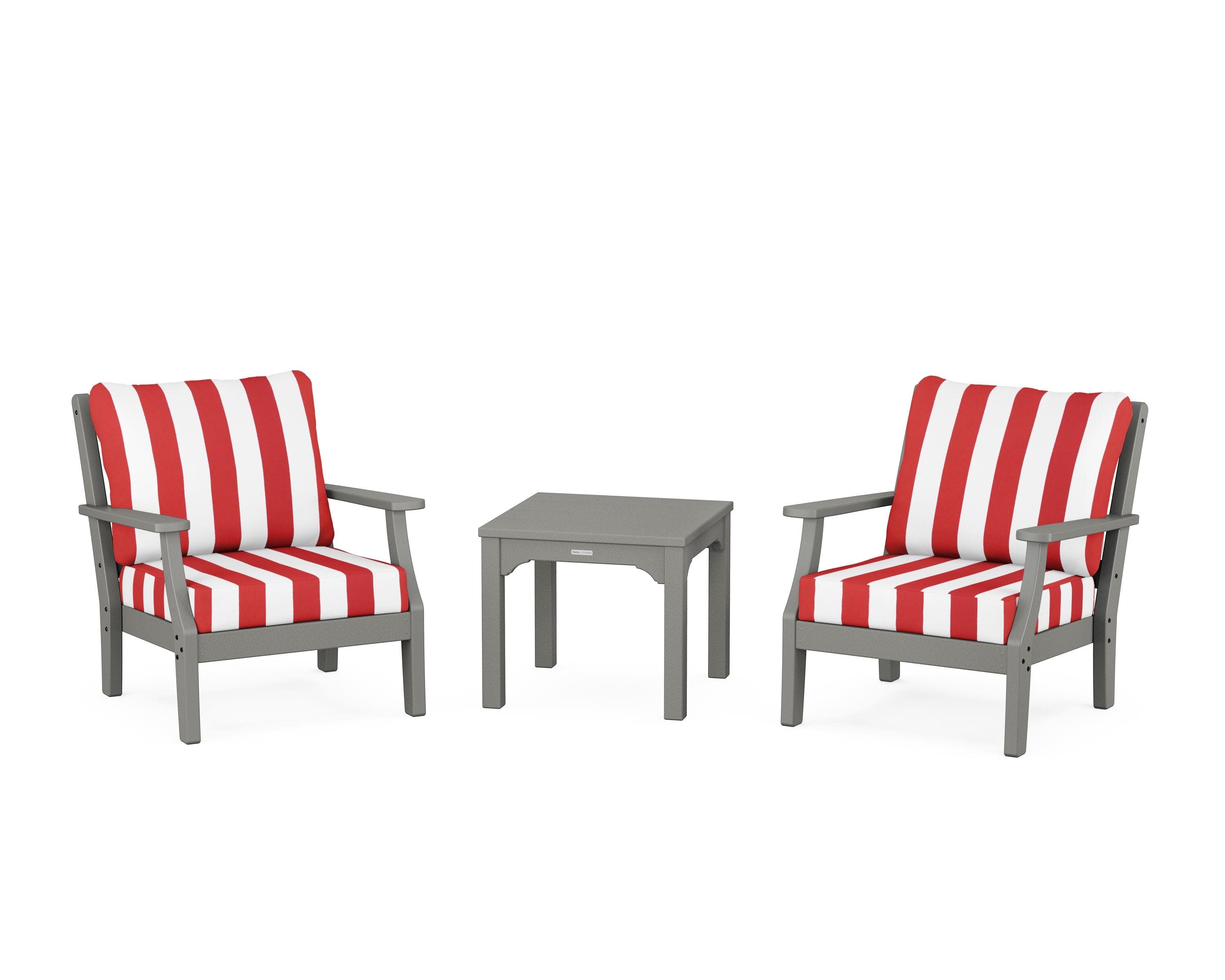 Chinoiserie 3-Piece Deep Seating Set in Slate Grey / Cabana Stripe Crimson