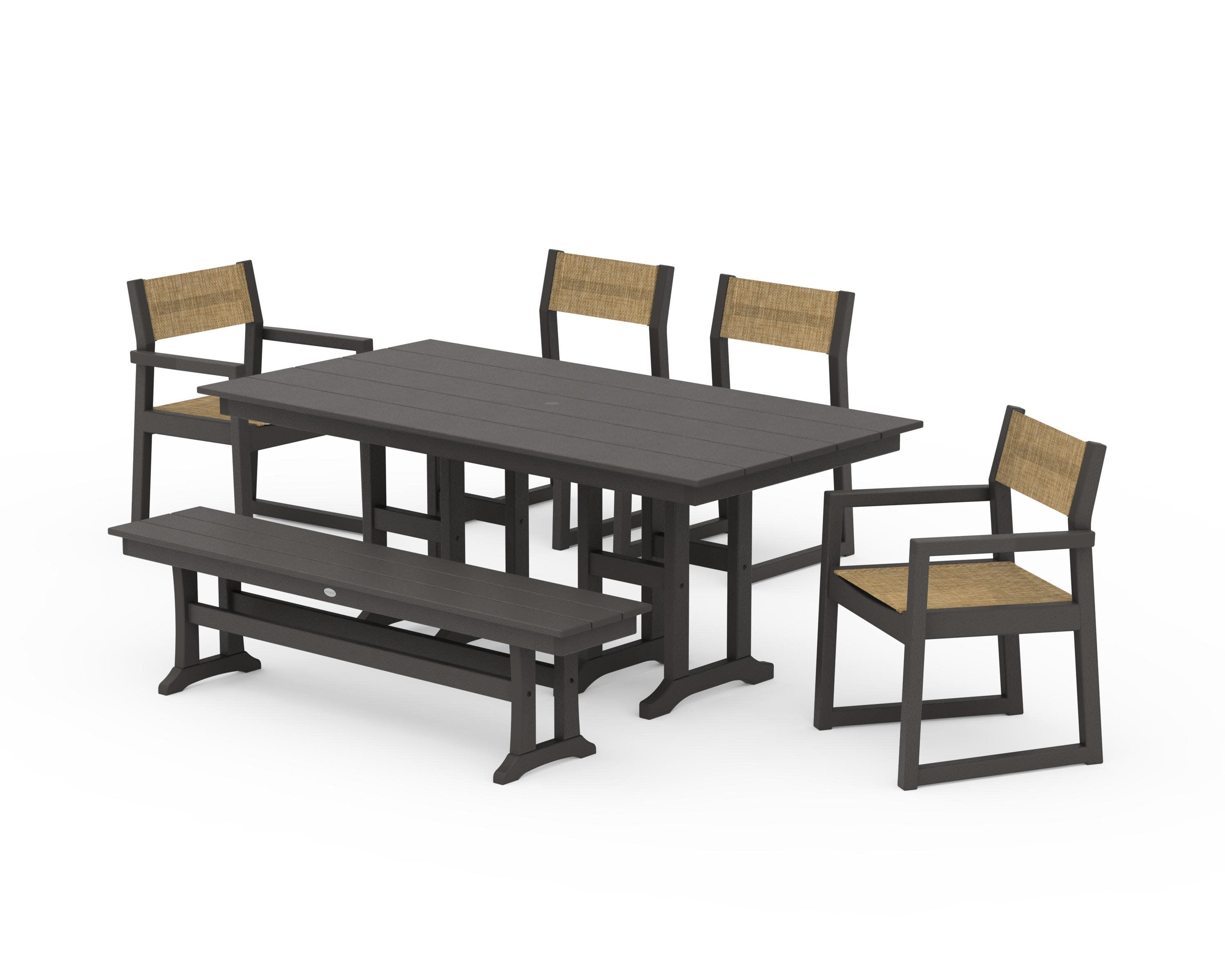 EDGE Sling 6-Piece Farmhouse Dining Set in Vintage Coffee / Burlap Sling