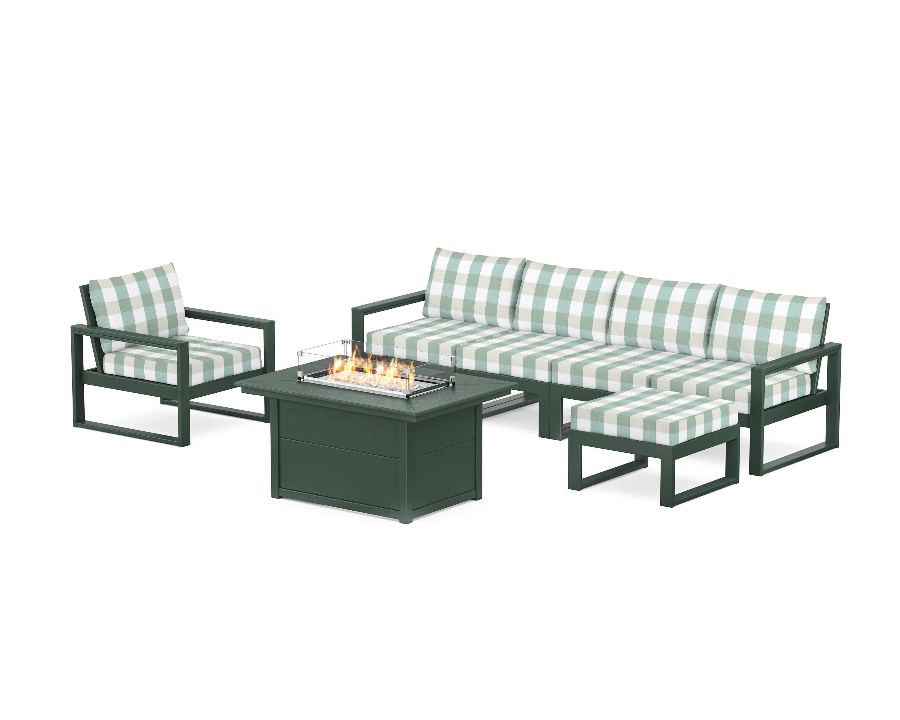 EDGE Sectional Lounge and Fire Pit Set in Green / Buffalo Plaid Glacier Spa