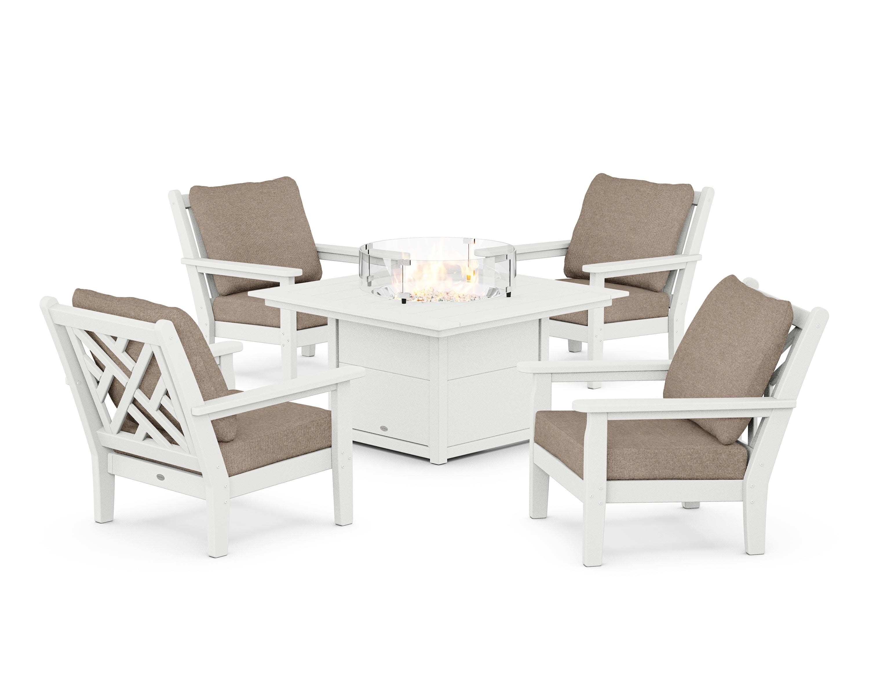 Chippendale 5-Piece Deep Seating Set with Fire Pit Table in White / Spiced Burlap