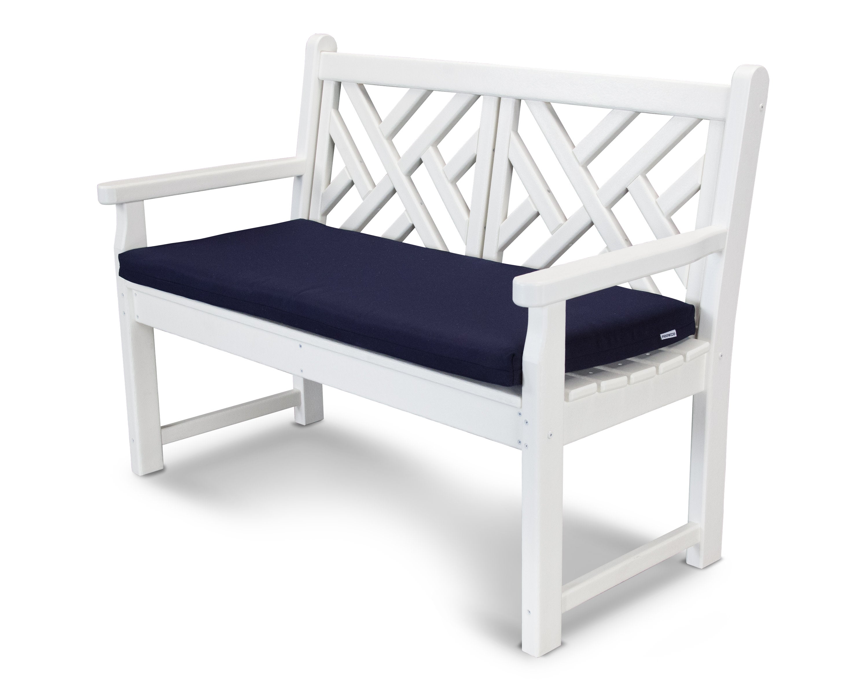 Chippendale 48" Bench with Seat Cushion in White / Navy
