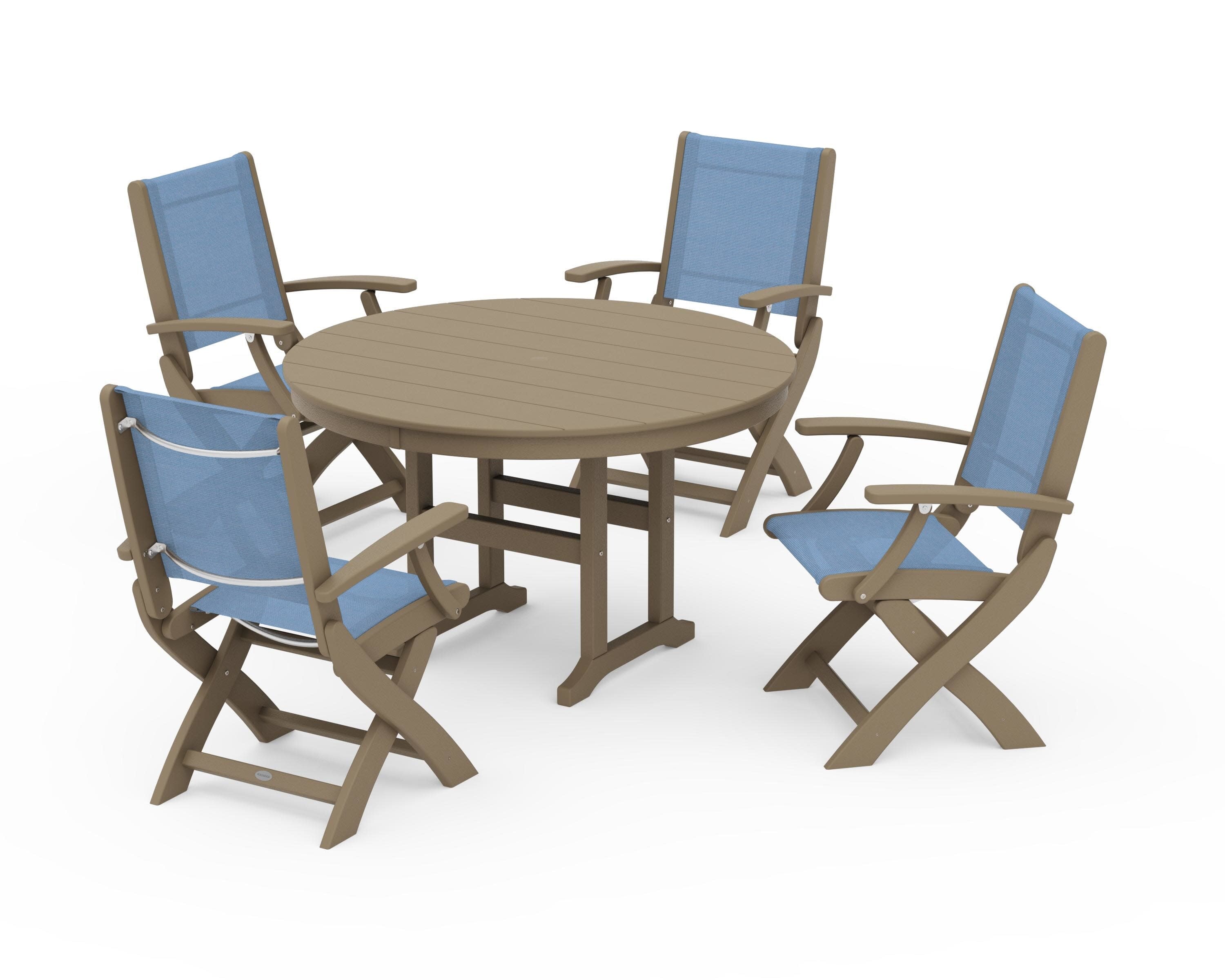Coastal Folding Chair 5-Piece Round Dining Set in Vintage Sahara / Poolside Sling