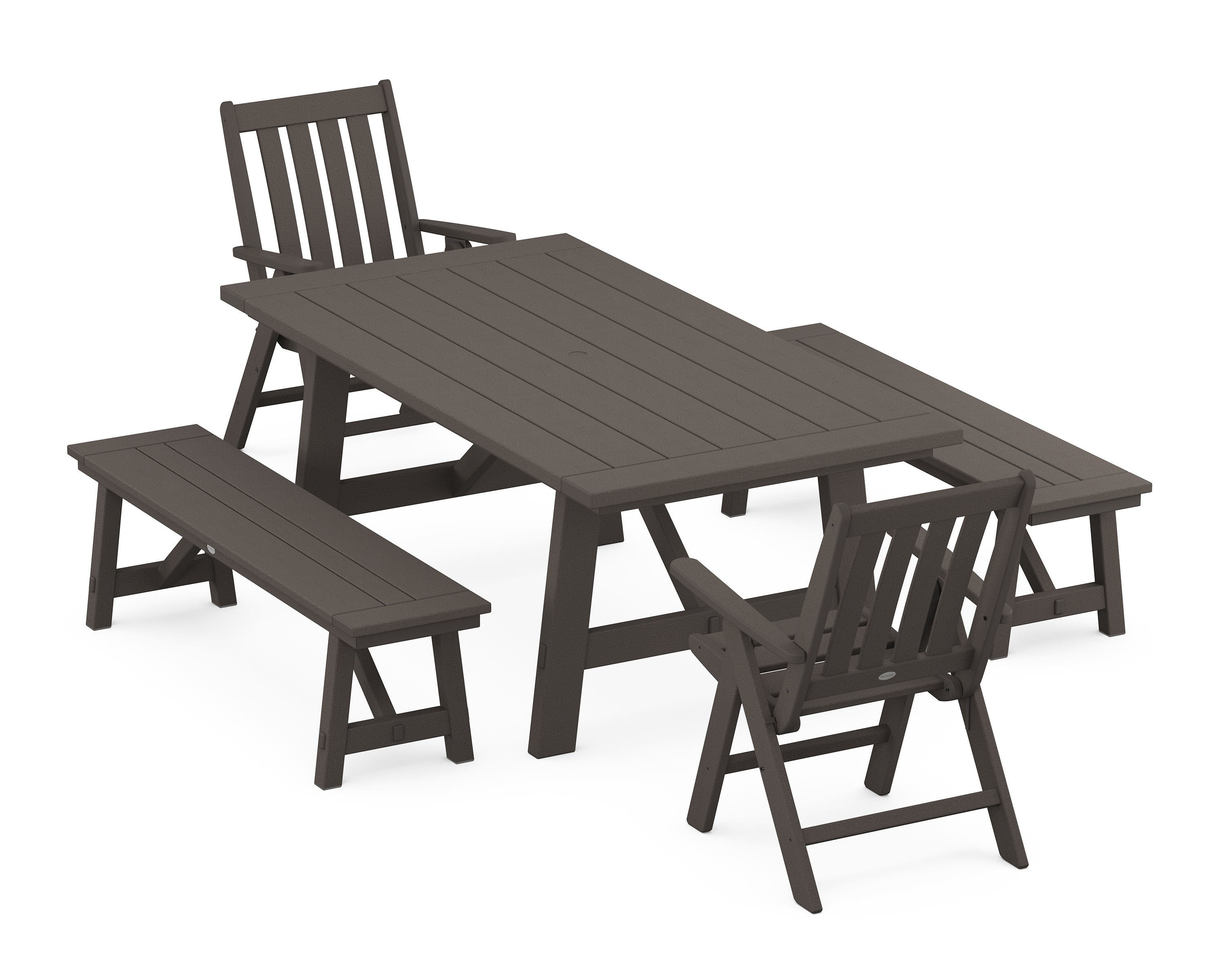 Vineyard Folding Chair 5-Piece Rustic Farmhouse Dining Set With Benches in Vintage Coffee