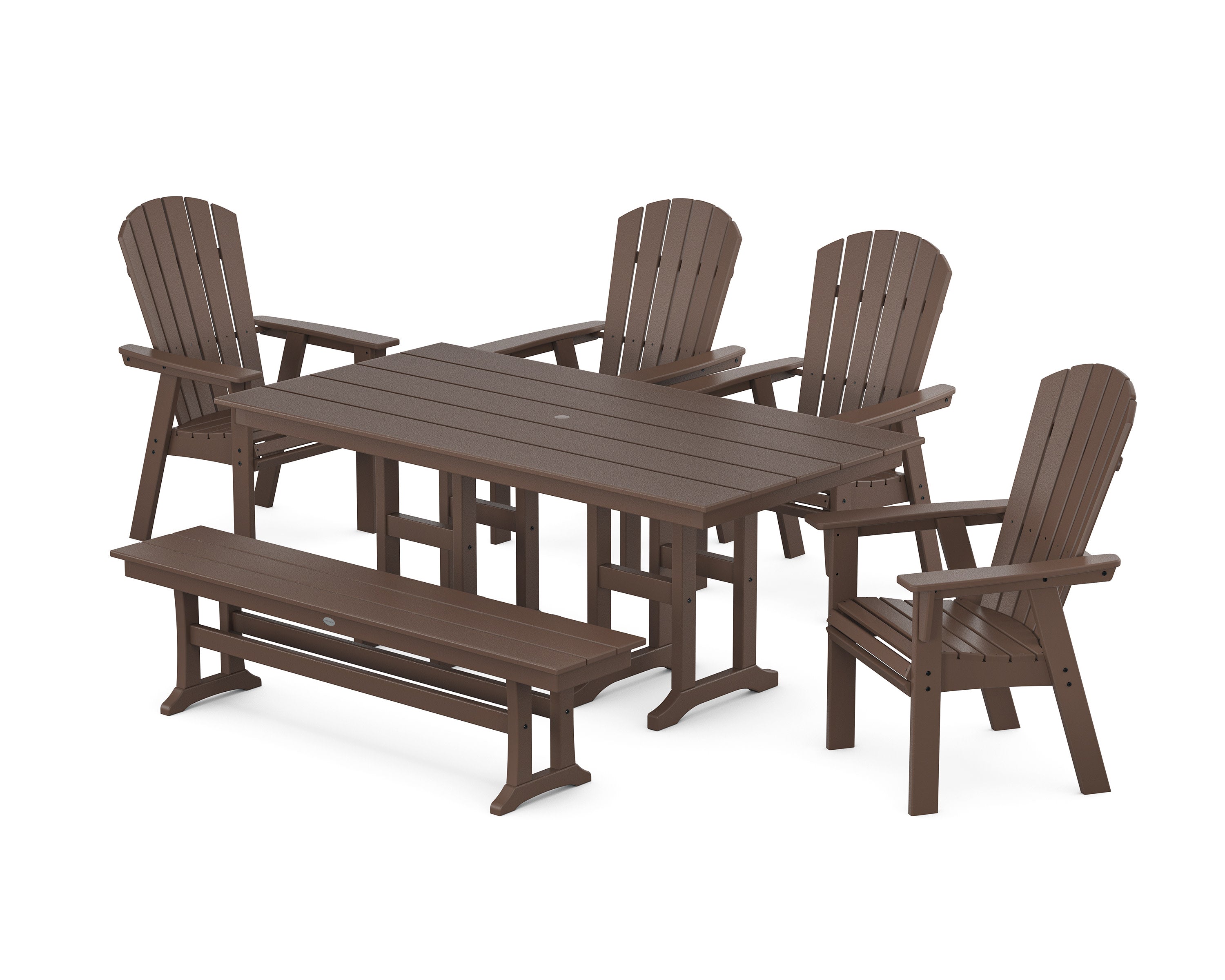 Nautical Curveback Adirondack 6-Piece Farmhouse Dining Set with Bench in Mahogany