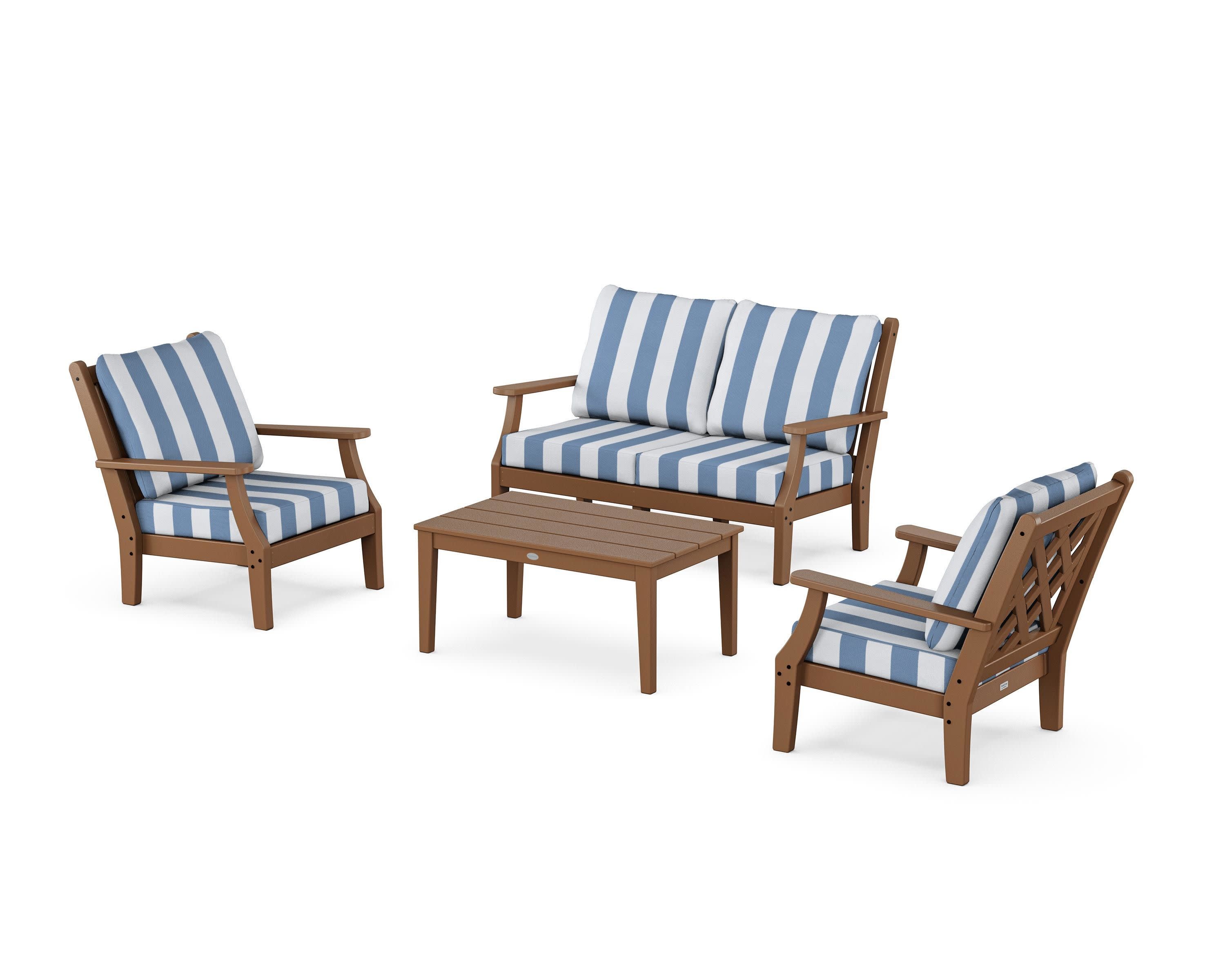 Wovendale 4-Piece Deep Seating Set with Loveseat in Teak / Cabana Stripe Sky Blue