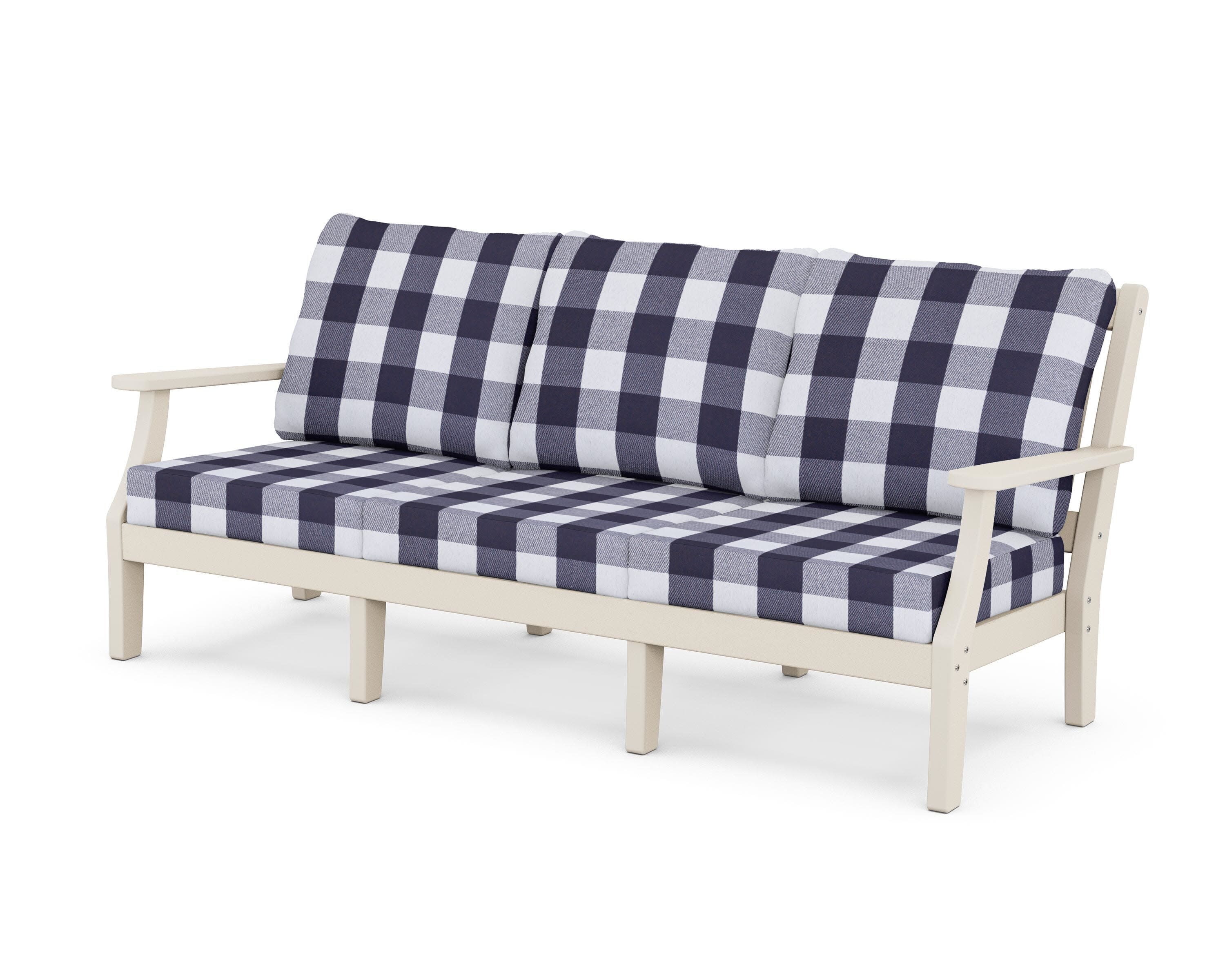 Chinoiserie Deep Seating Sofa in Sand / Buffalo Plaid Navy