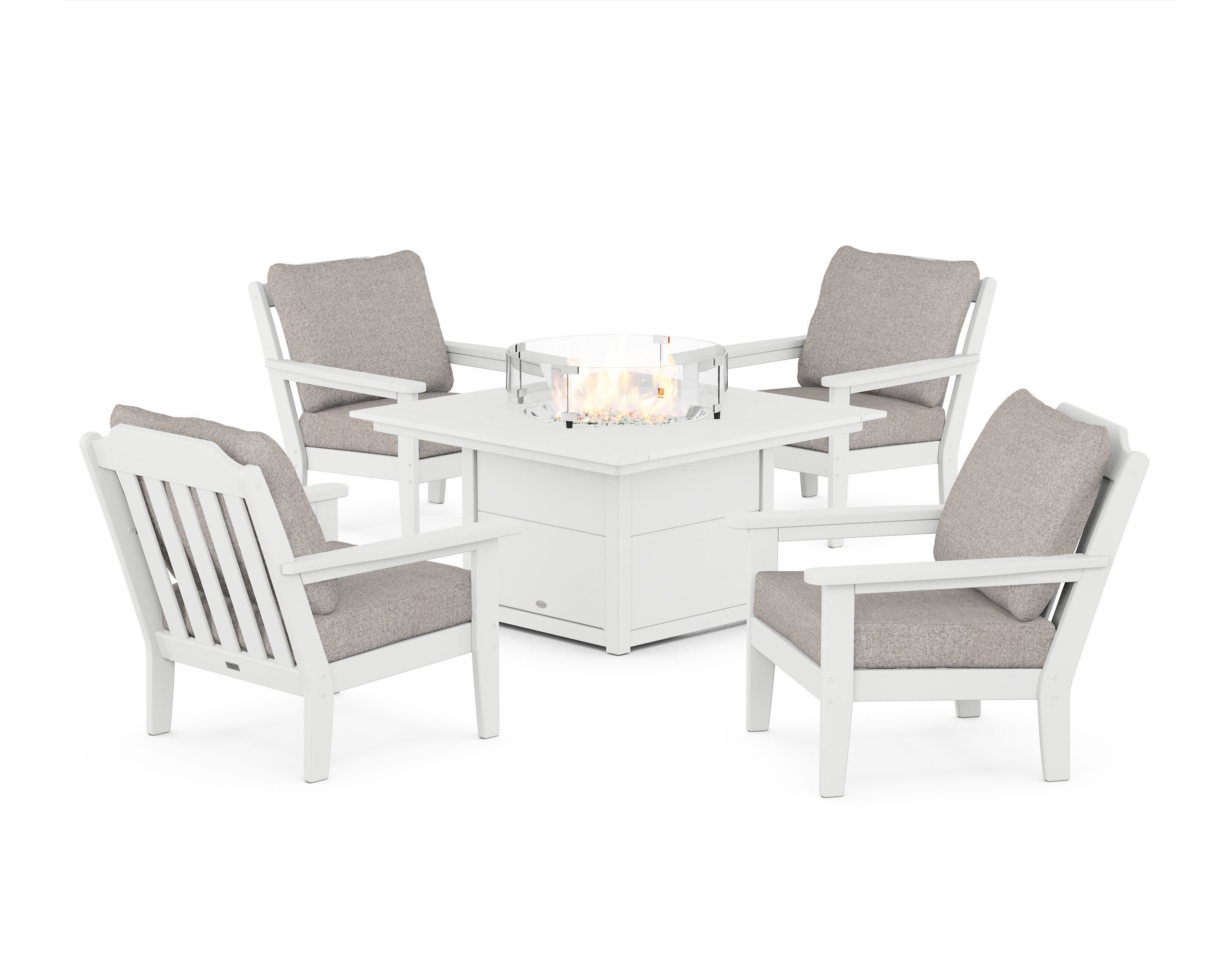 Cottage 5-Piece Deep Seating Set with Fire Pit Table in White / Weathered Tweed