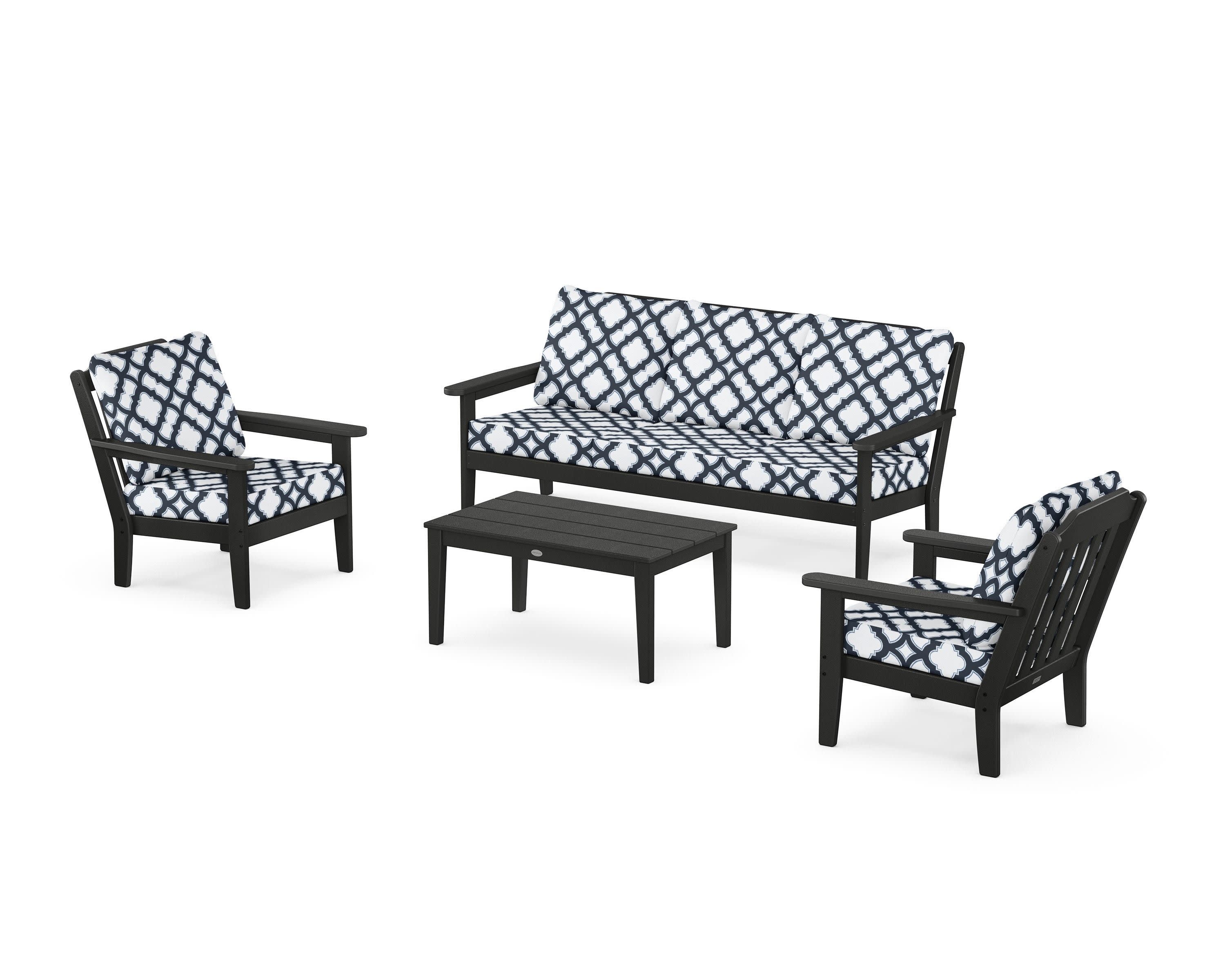 Cottage 4-Piece Deep Seating Set with Sofa in Black / Trellis Marine Indigo
