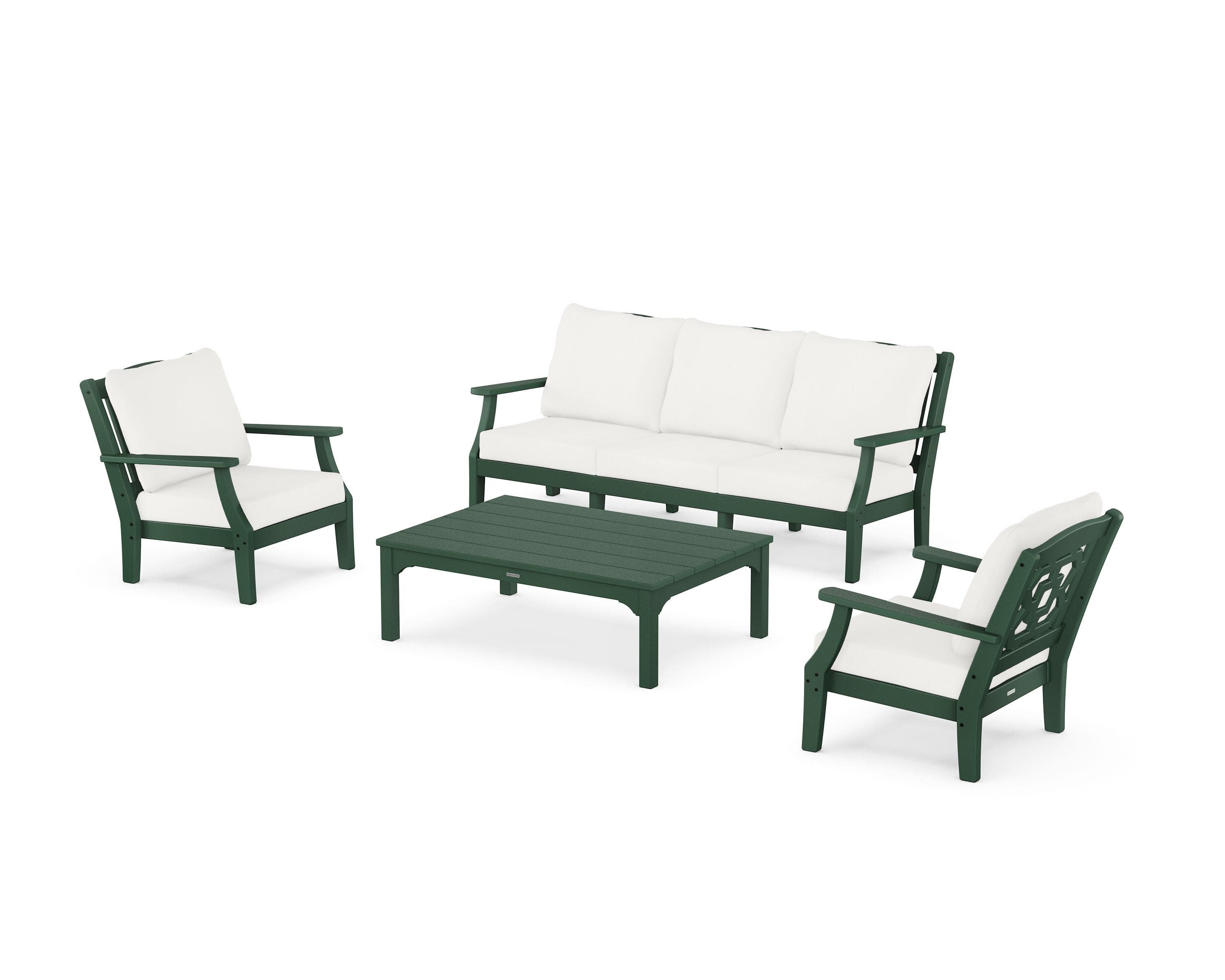 Chinoiserie 4-Piece Deep Seating Set with Sofa in Green / Natural Linen