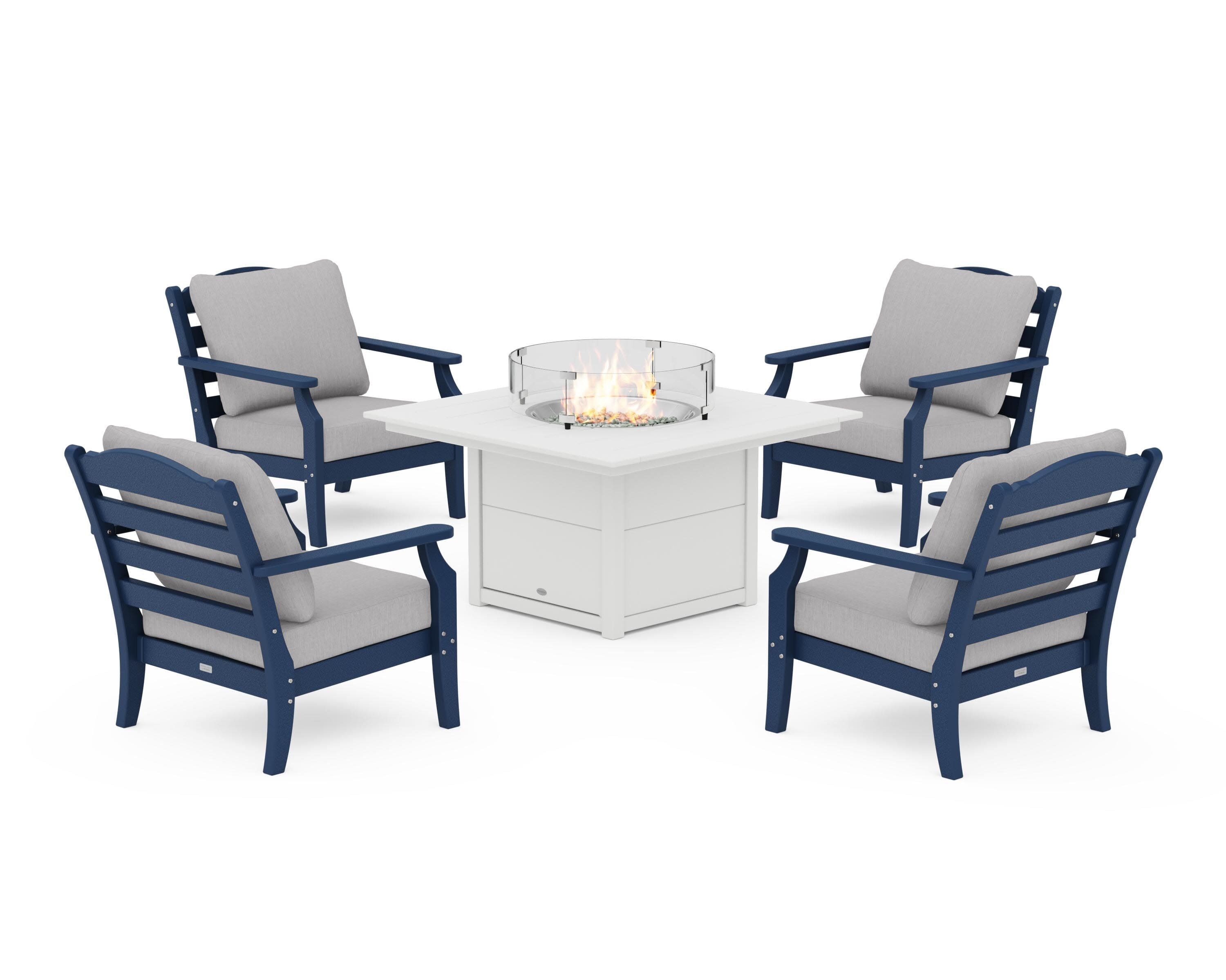 Savannah 5-Piece Deep Seating Set with Fire Pit Table in Navy / Granite