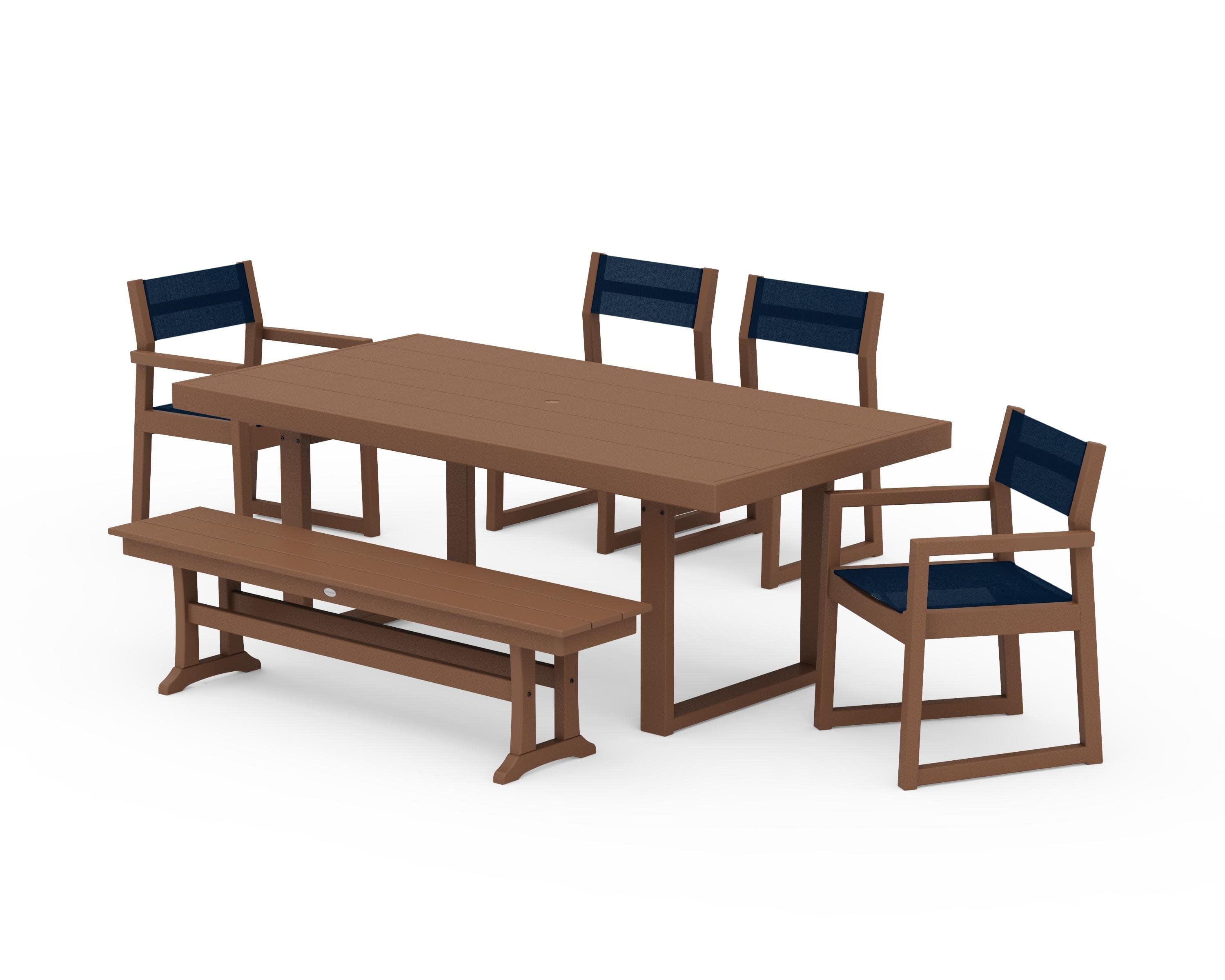 EDGE Sling 6-Piece Dining Set with Bench in Teak / Navy Blue Sling