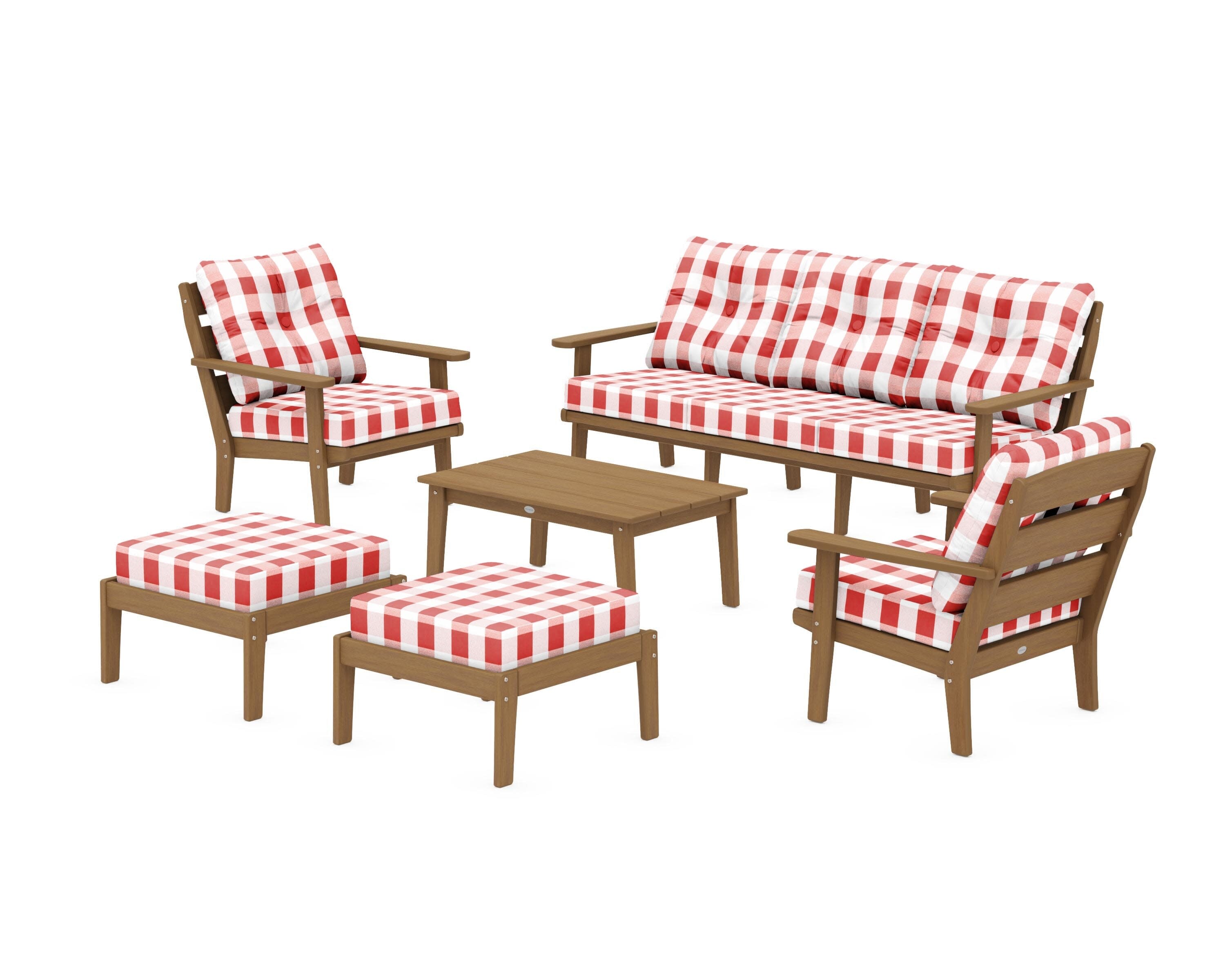 Lakeside 6-Piece Lounge Sofa Set in Natural / Buffalo Plaid Crimson