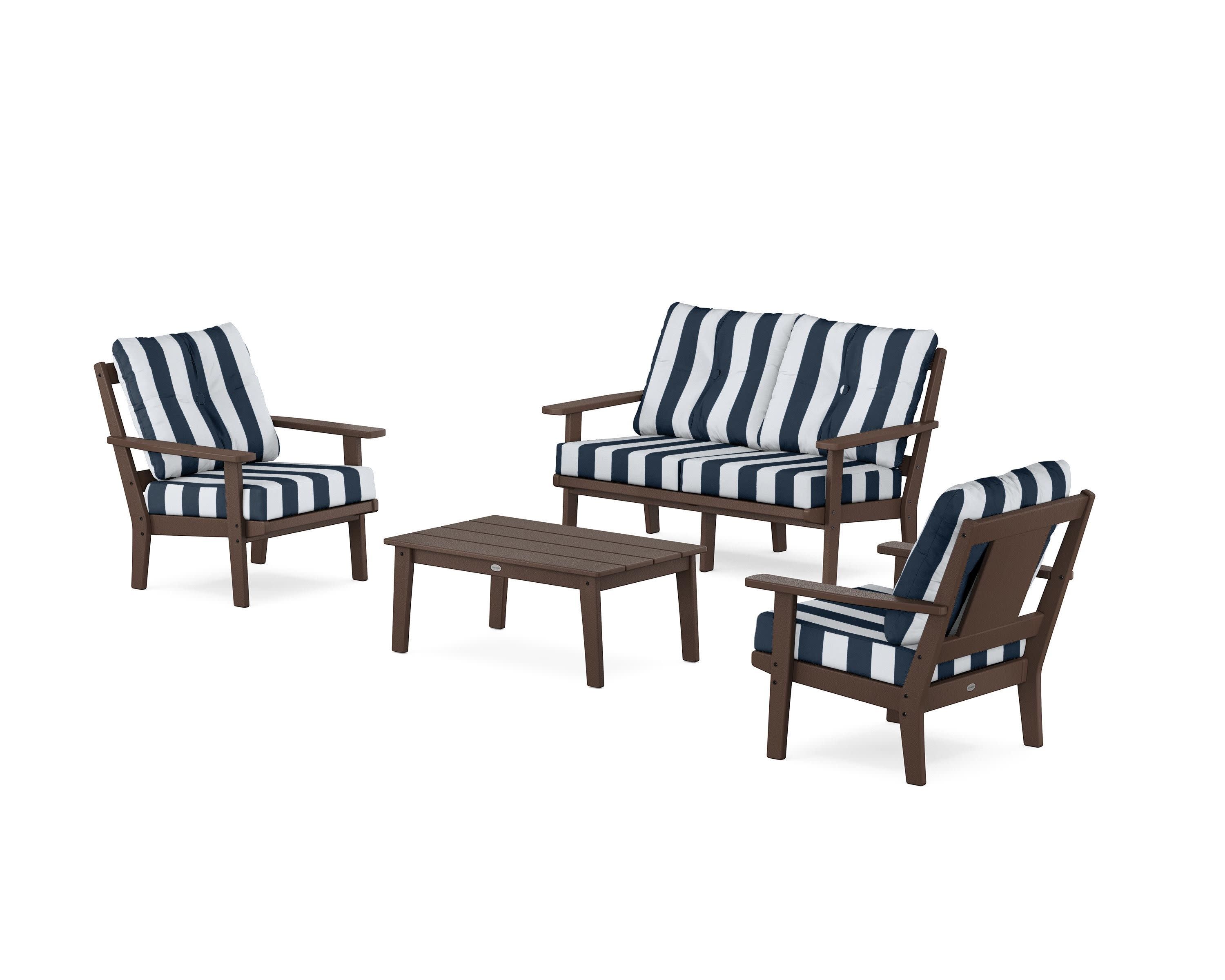 Prairie 4-Piece Deep Seating Set with Loveseat in Mahogany / Cabana Stripe Marine Indigo