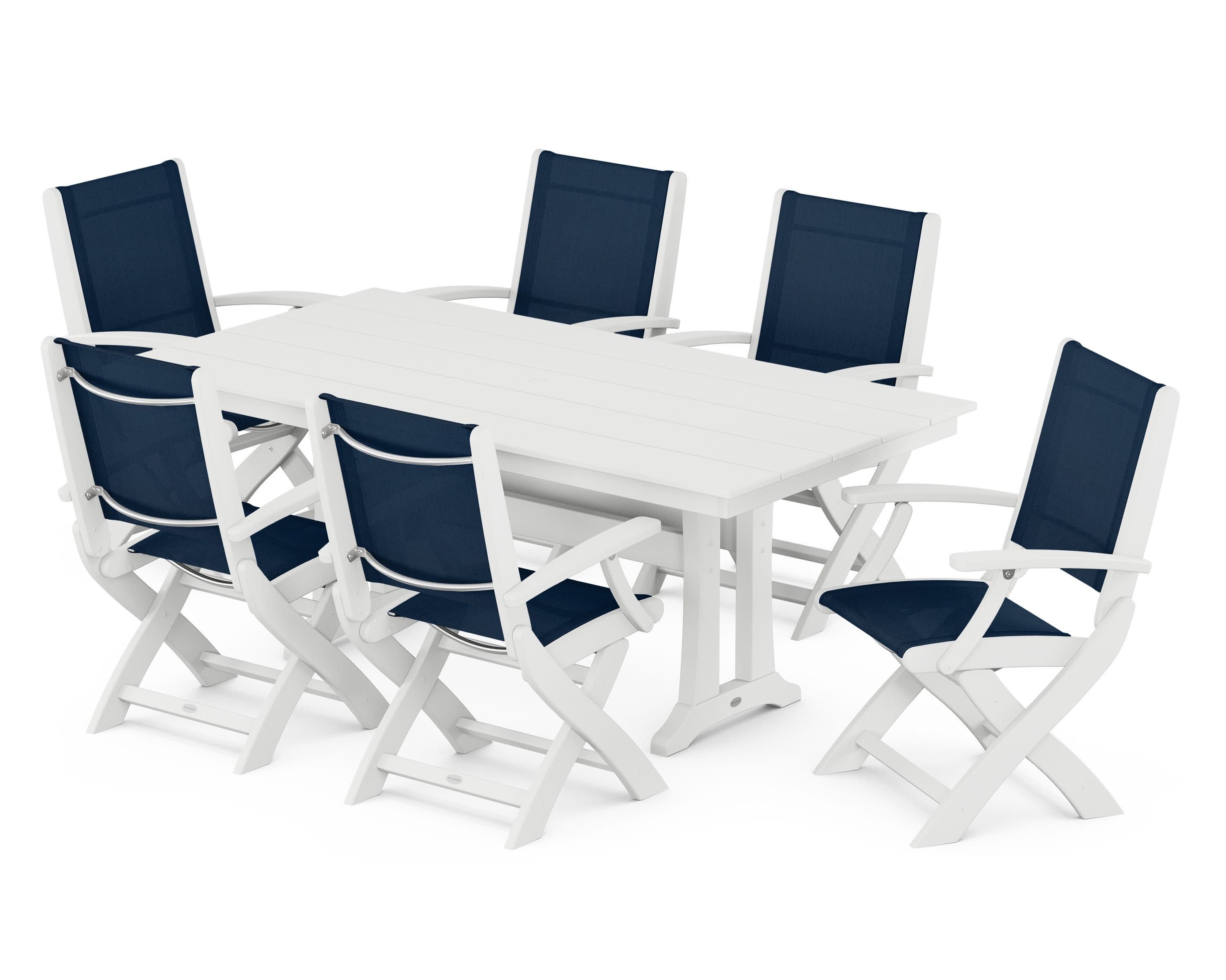 Coastal Folding Arm Chair 7-Piece Farmhouse Dining Set with Trestle Legs in White / Navy Blue Sling
