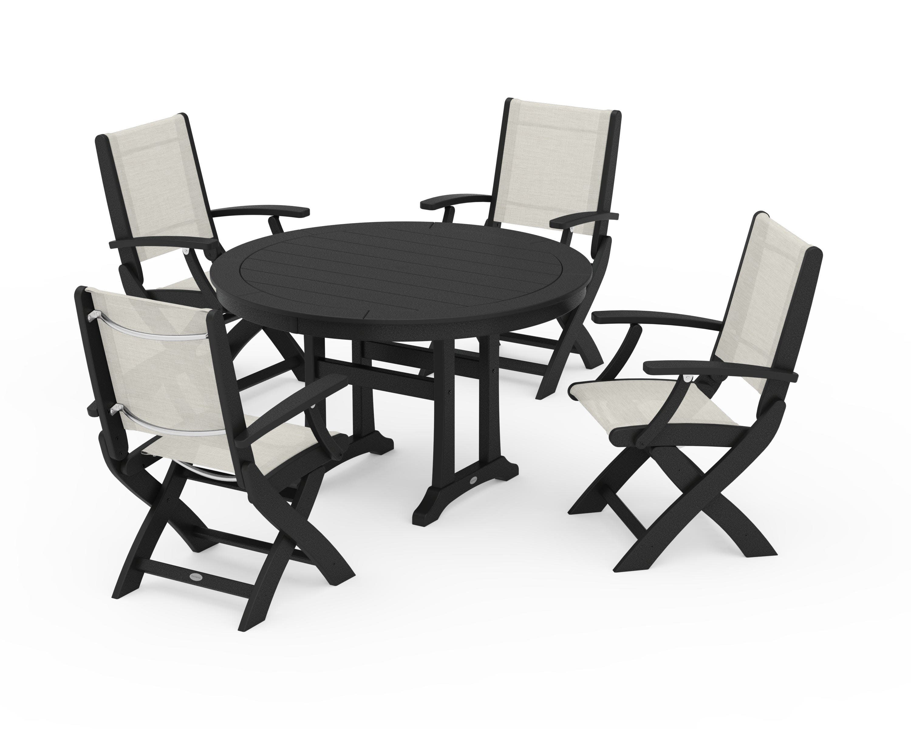 Coastal Folding Chair 5-Piece Round Dining Set with Trestle Legs in Black / Parchment Sling